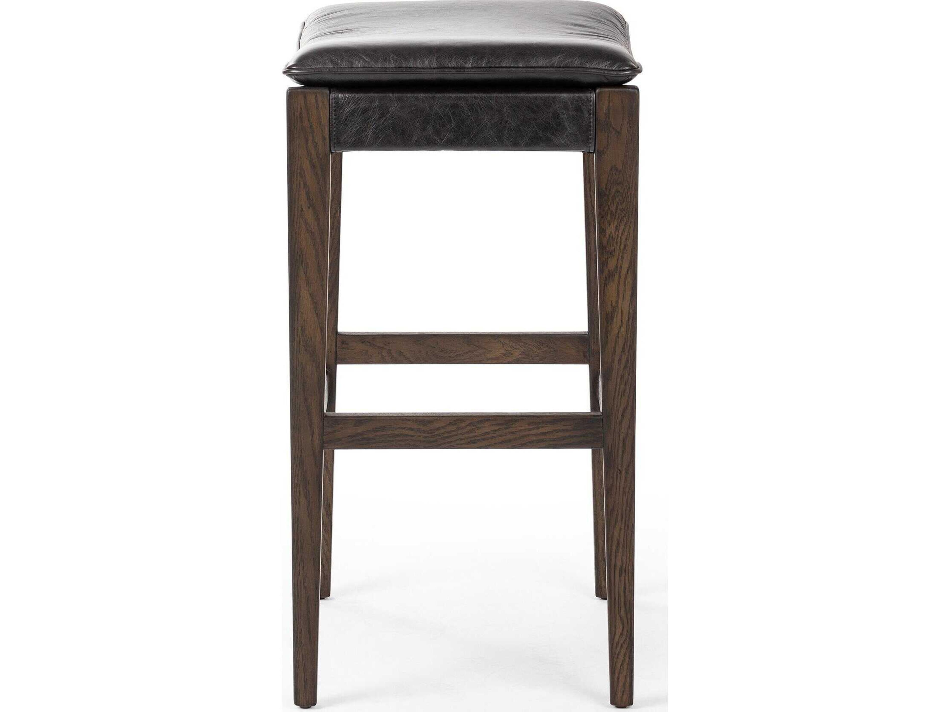 Four Hands Ashford Aya Sonoma Black Leather Oak Wood Bar Stool