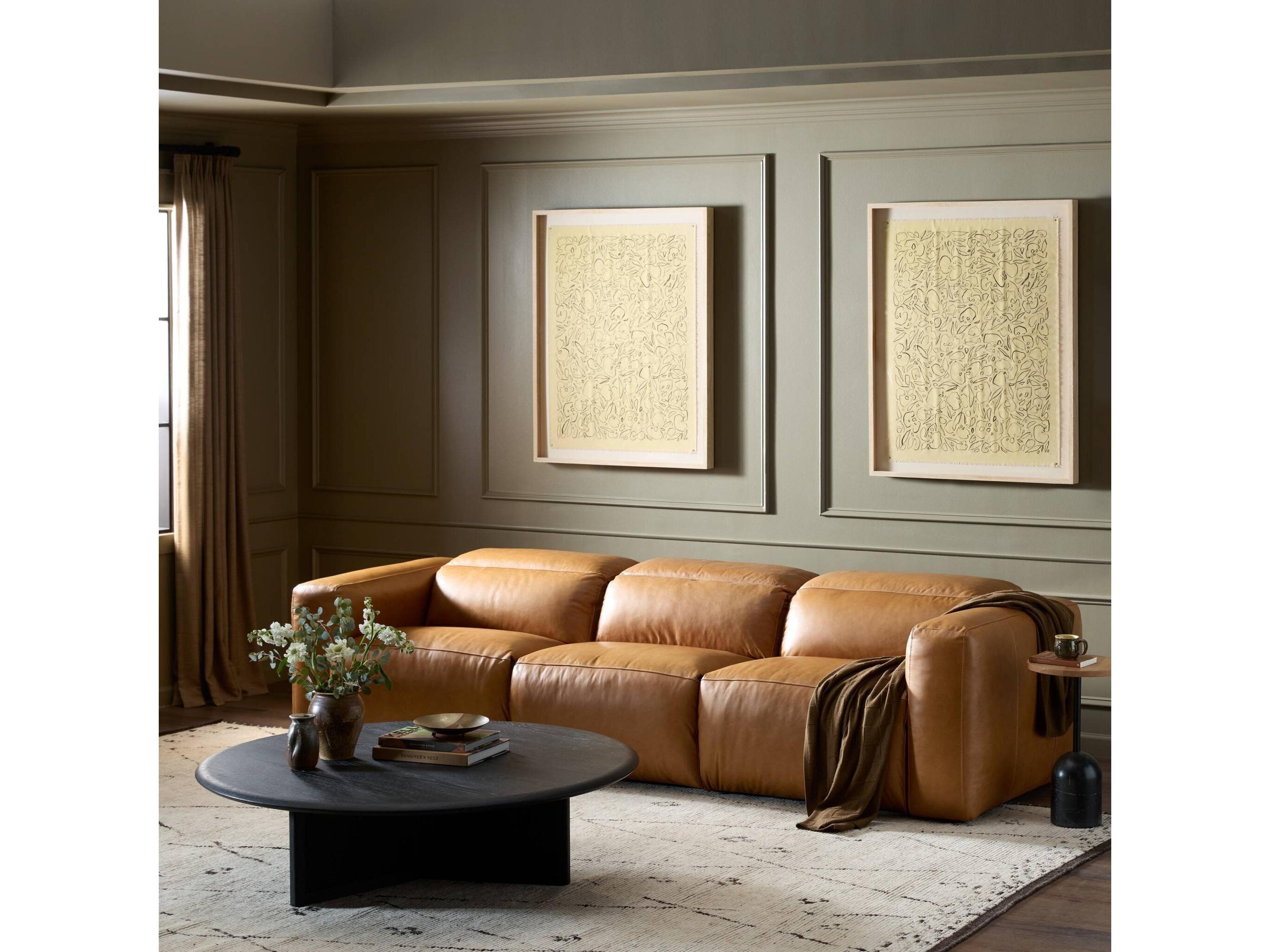 Four Hands Norwood Radley Power Recliner 3 - Piece Wide Brown Leather Sofa