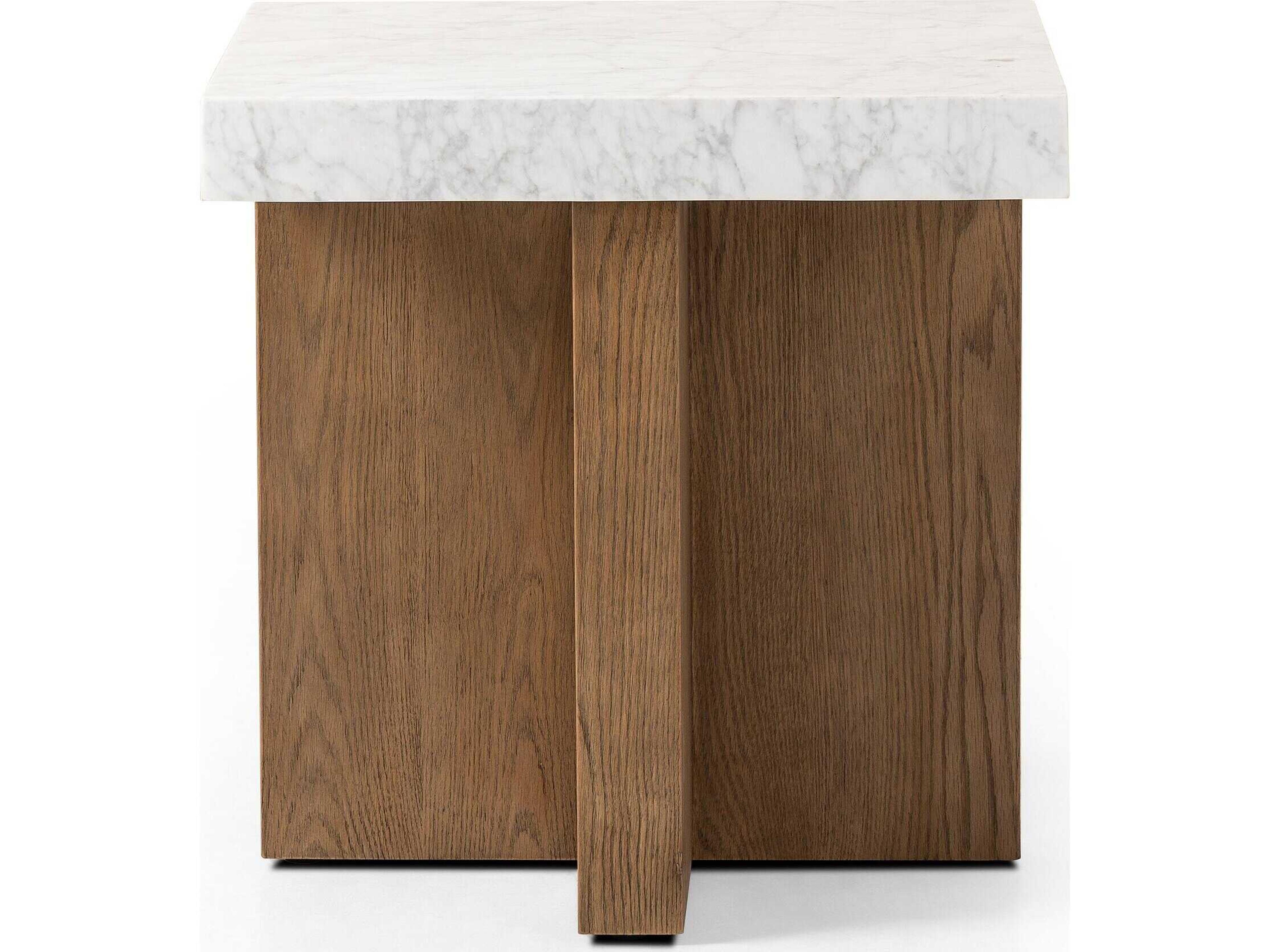Four Hands Hughes Square White Carrera Marble Smoked Oak Veneer End Table