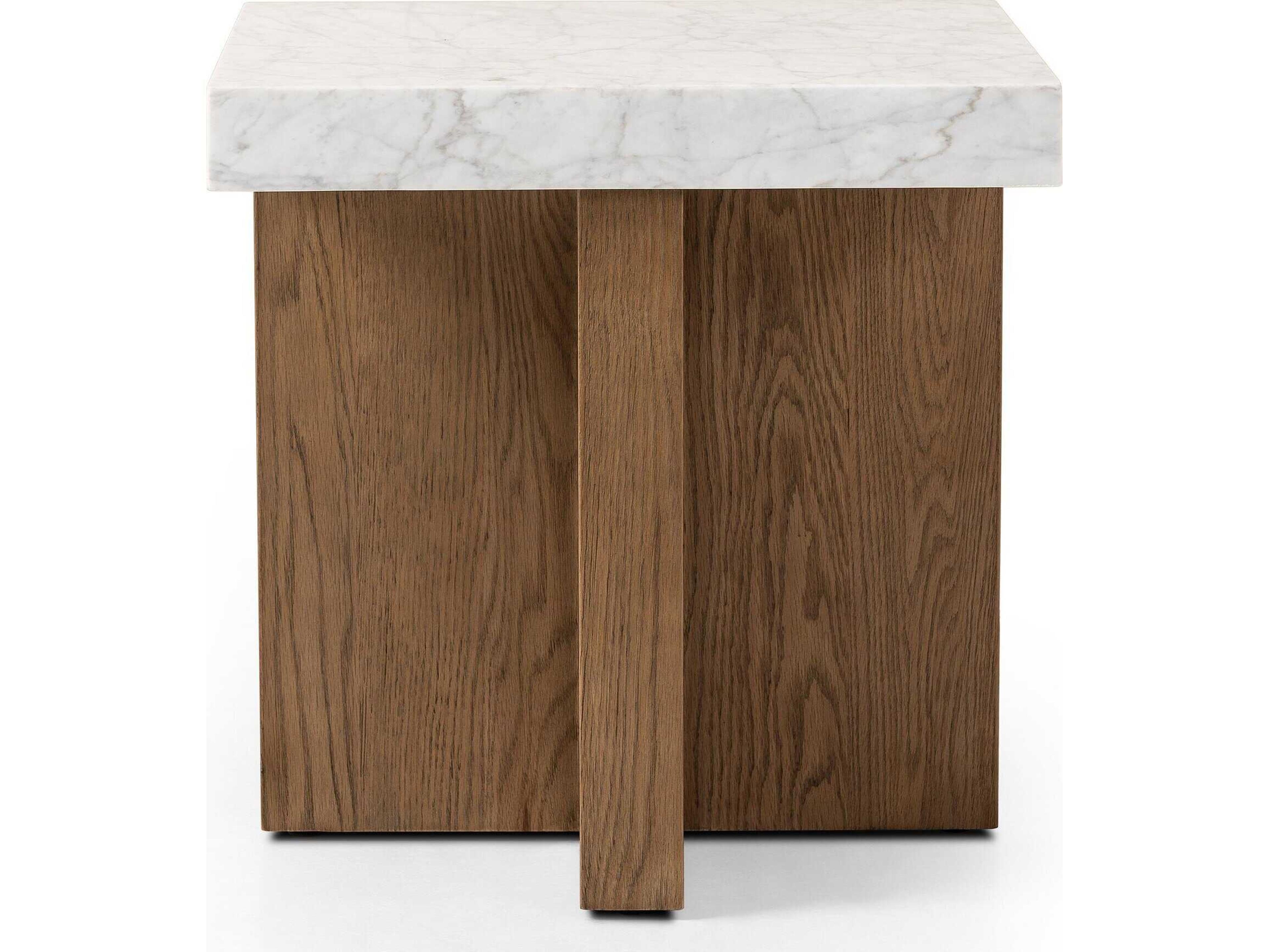 Four Hands Hughes Square White Carrera Marble Smoked Oak Veneer End Table