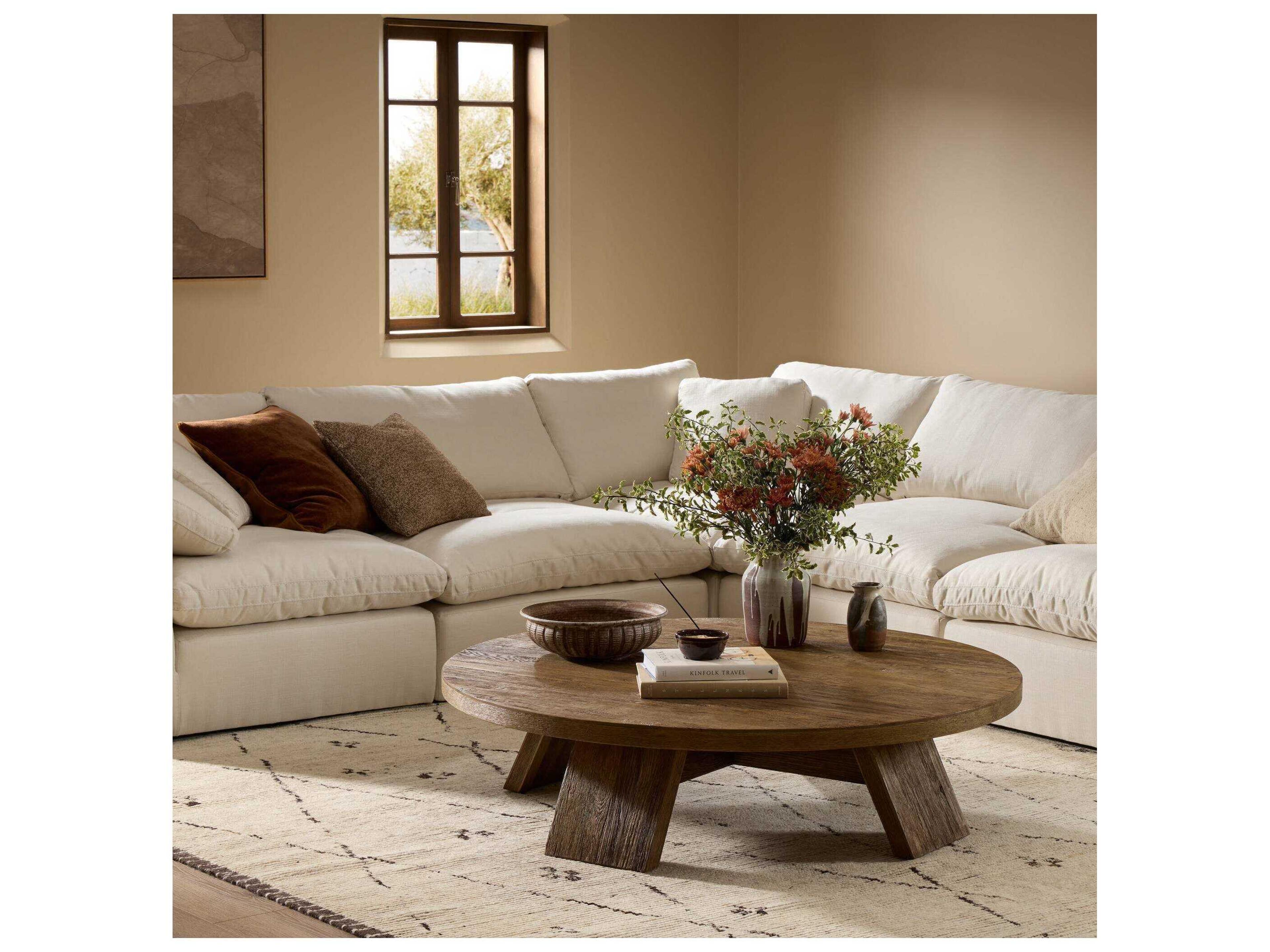 Four Hands Irondale Sparrow Washed Old Oak Resawn Round Wood Coffee Table