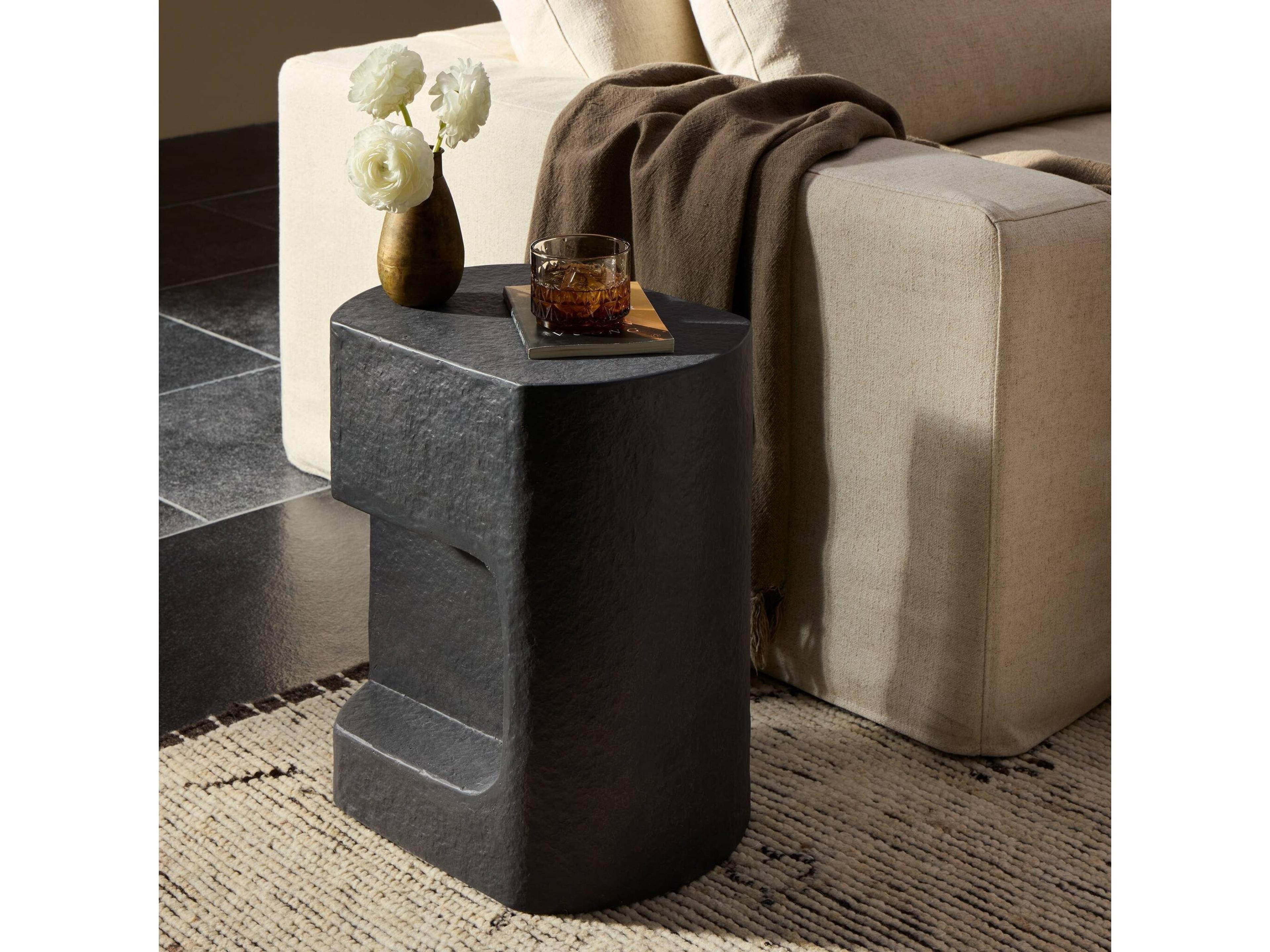 Four Hands Chandler Clementine Distressed Graphite Concrete Oval End Table