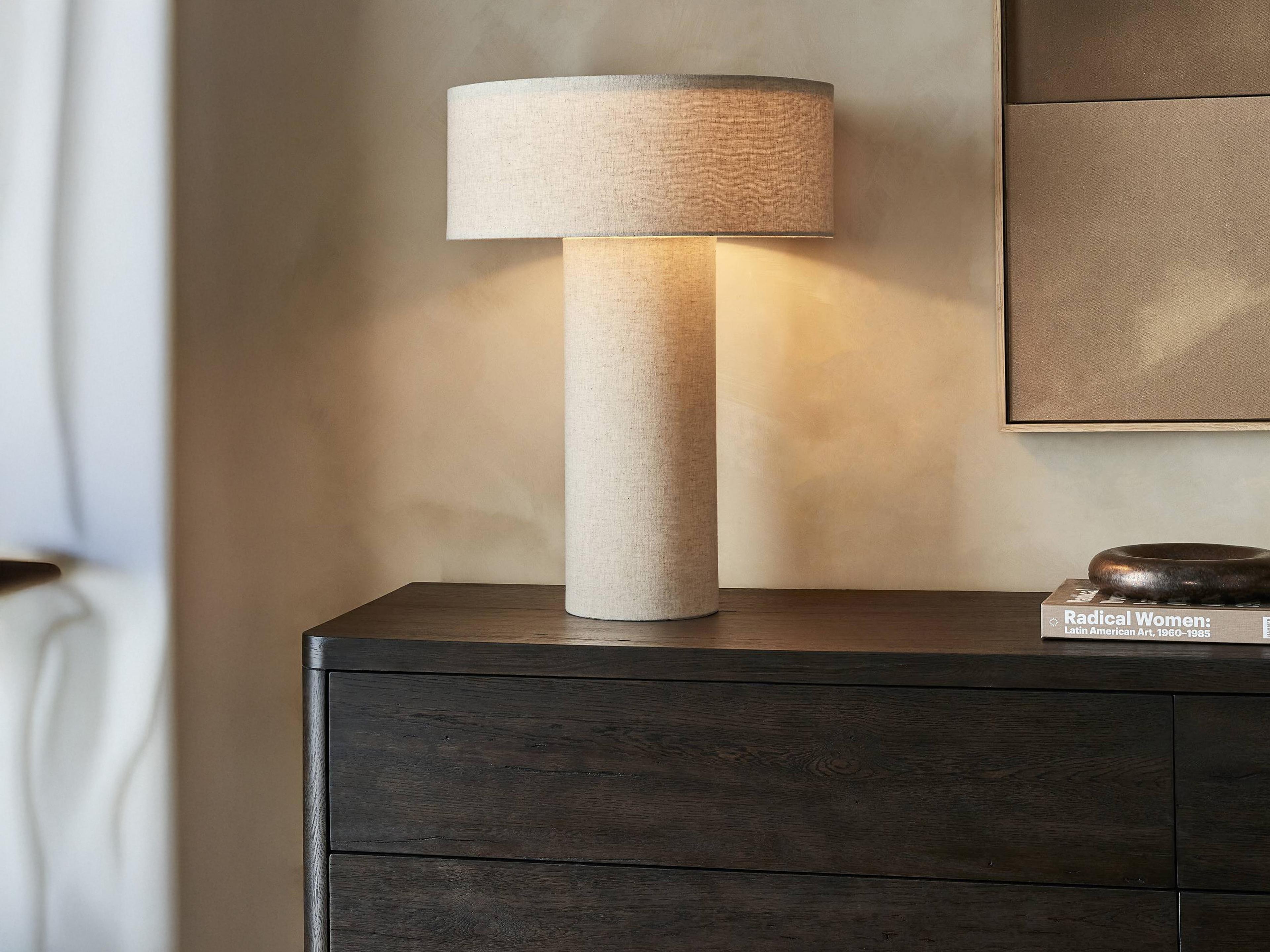 Four Hands Asher Flax Linen Antique Brass Iron White Table Lamp