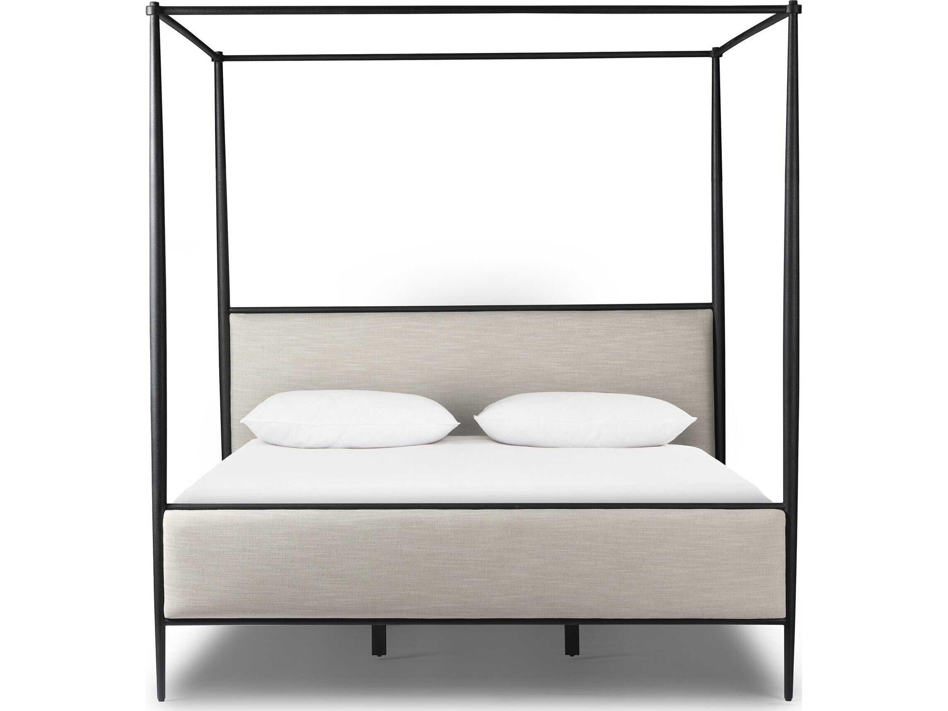 Four Hands Westgate Savoy Parchment Textured Black Iron Beige King Canopy Bed