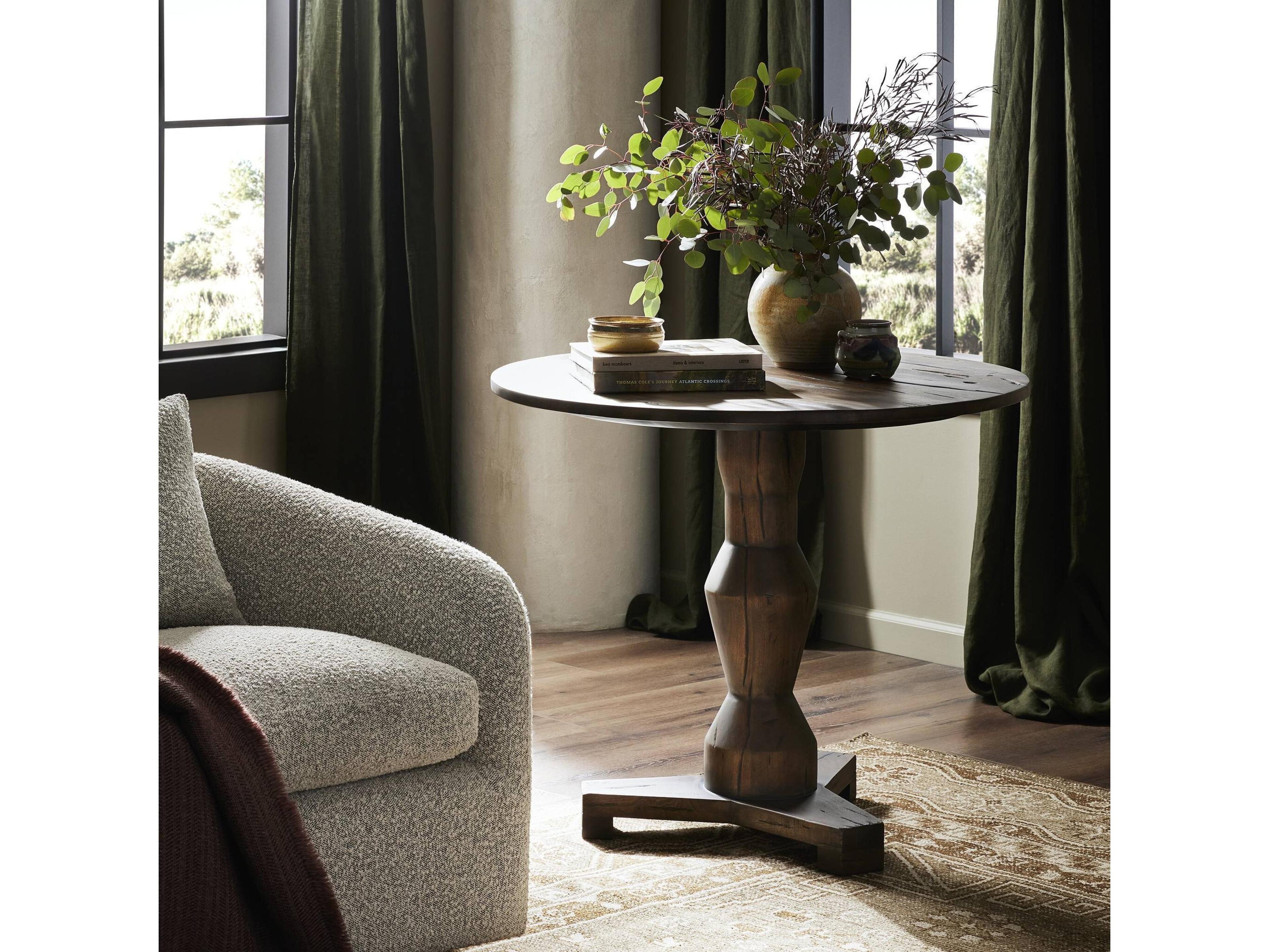 Four Hands Theory Round Wood Antique Belgium Bleach End Table