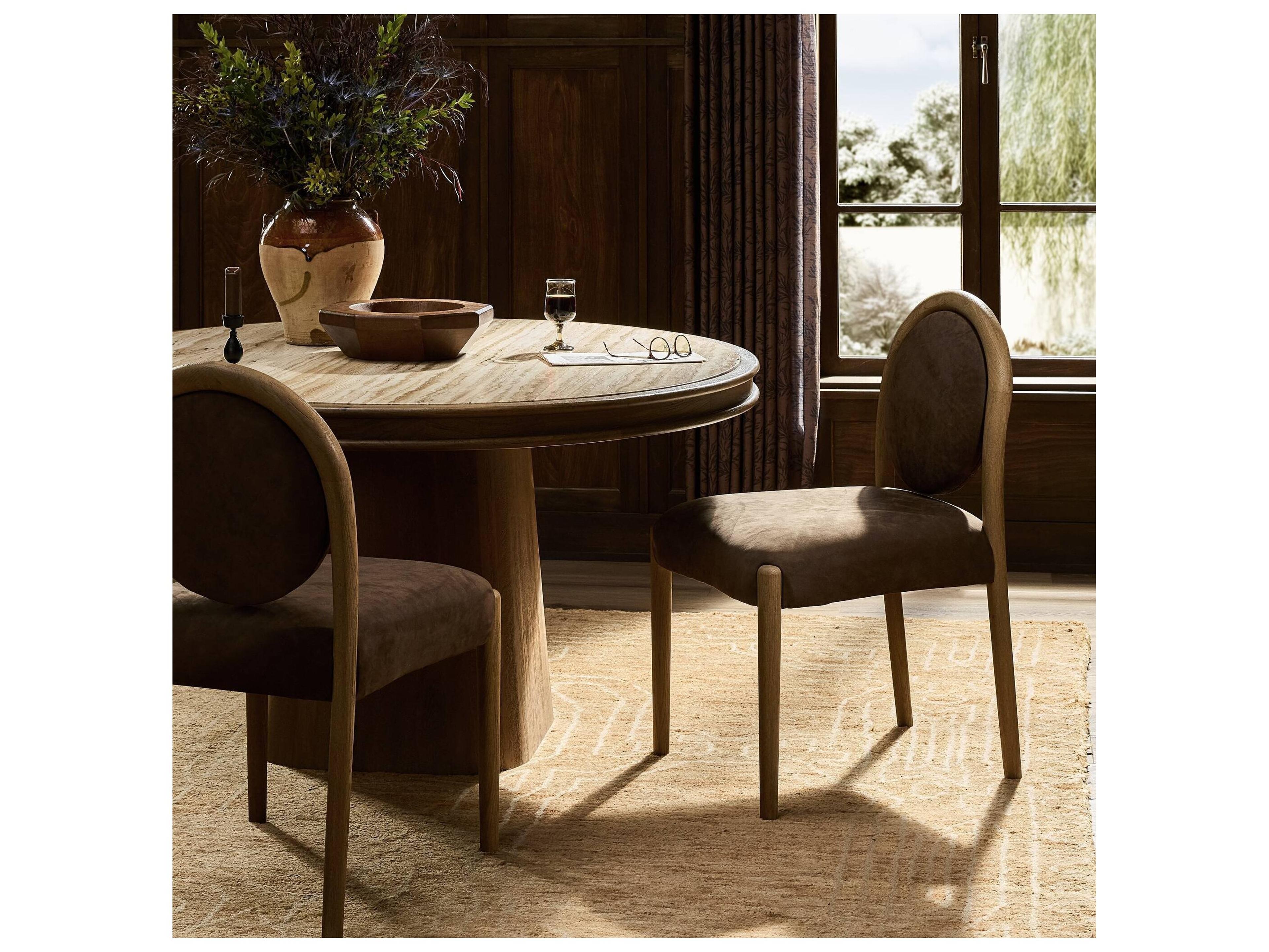 Four Hands Berman Oak Wood Nubuck Cigar Leather Armless Dining Chair