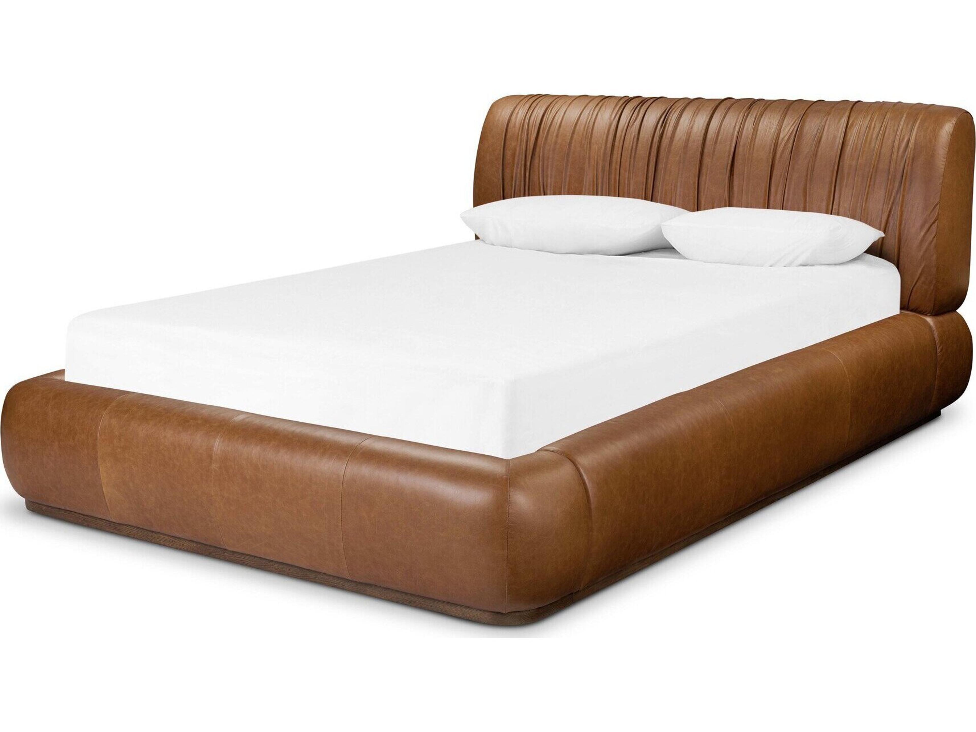 Easton Brown Oak Wood Leather Queen Platform Bed