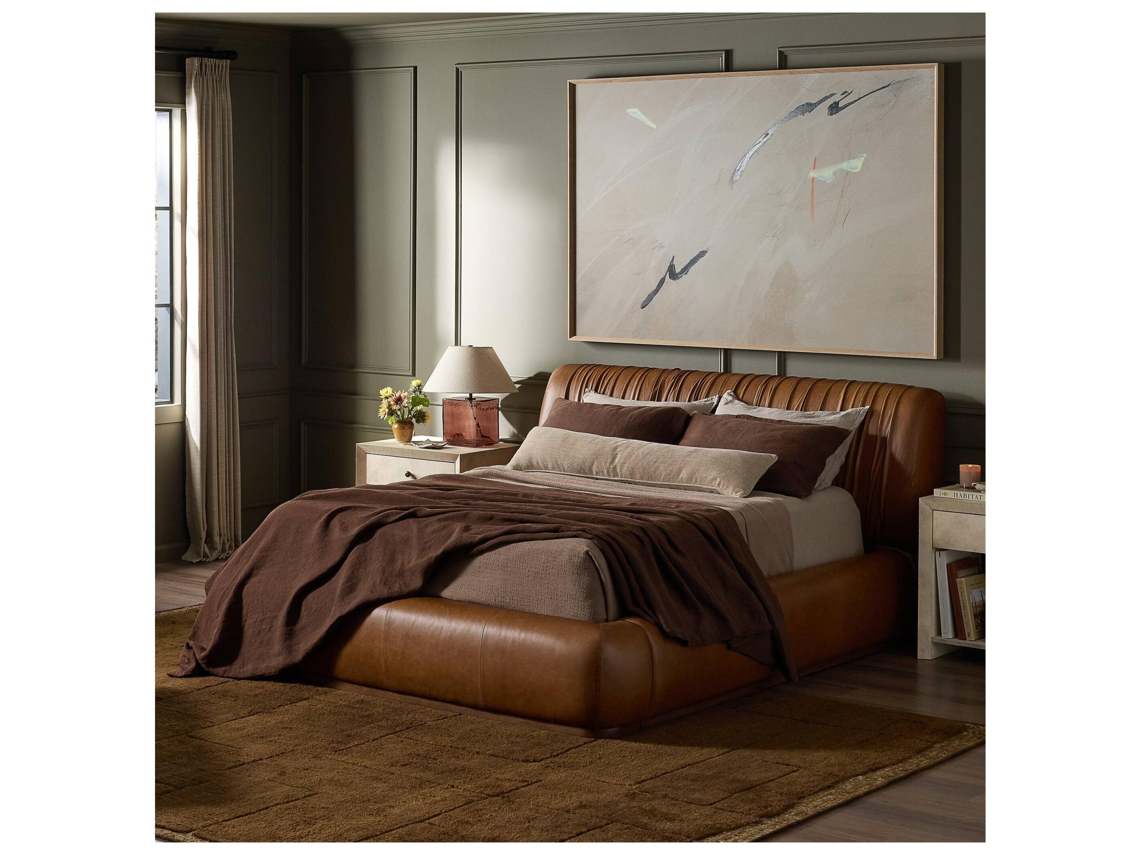 Four Hands Easton Brown Oak Wood Leather Queen Platform Bed