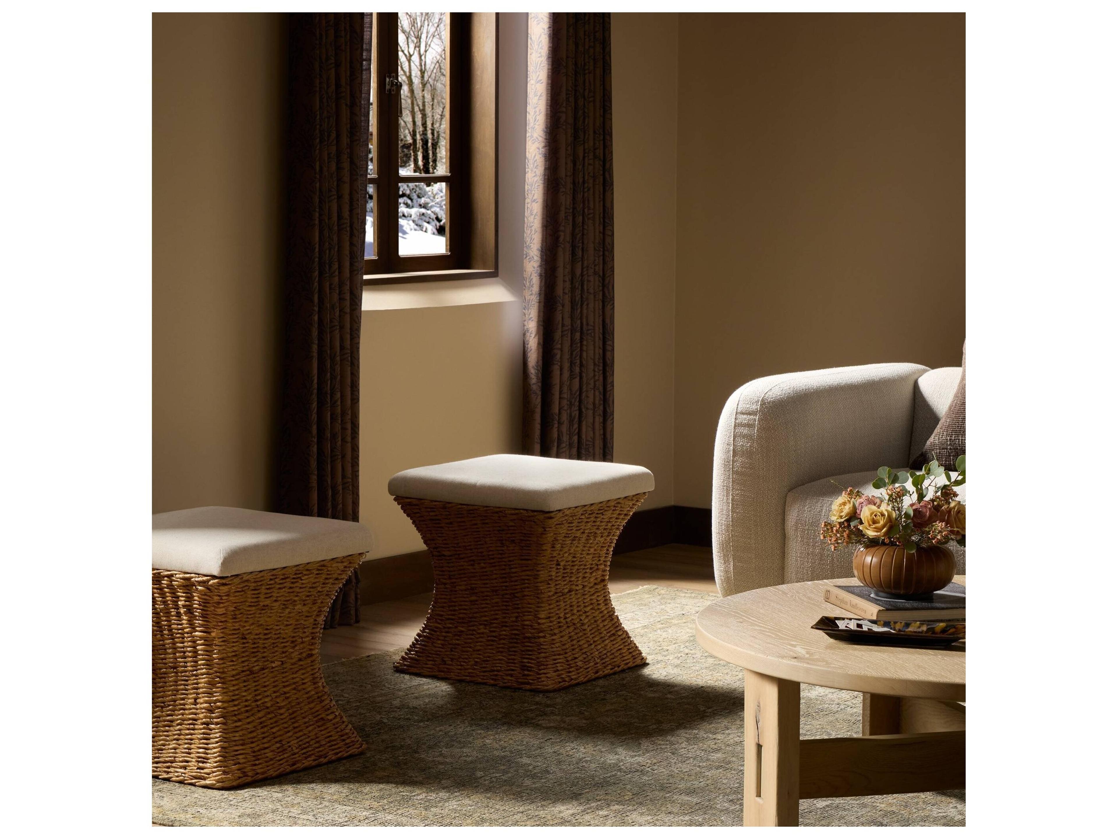 Four Hands Grass Roots Lynchart Sand Tan Upholstered Accent Stool