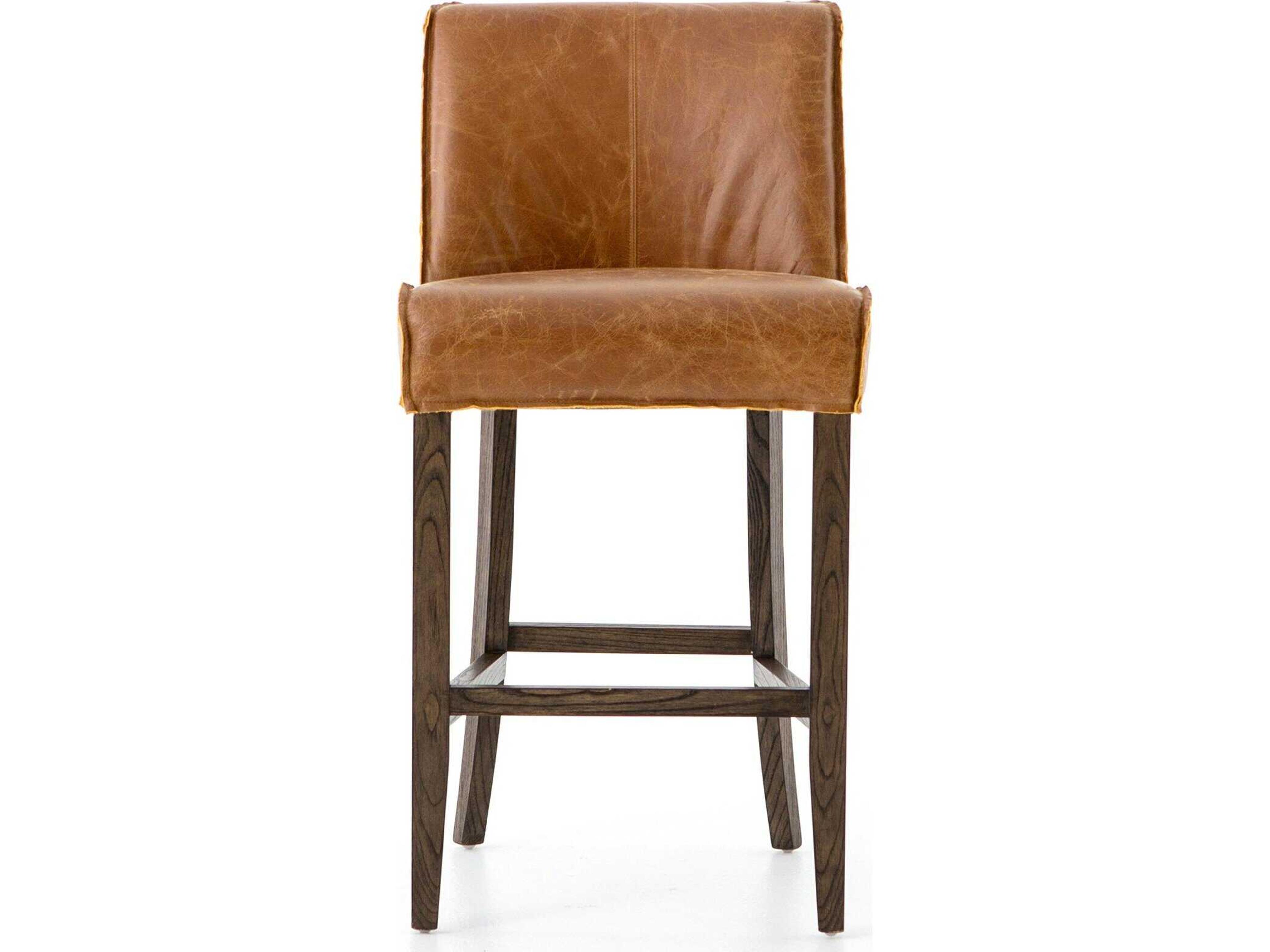 Four Hands Ashford Aria Leather Solid Wood Sienna Chestnut Warm Cedar Counter Stool