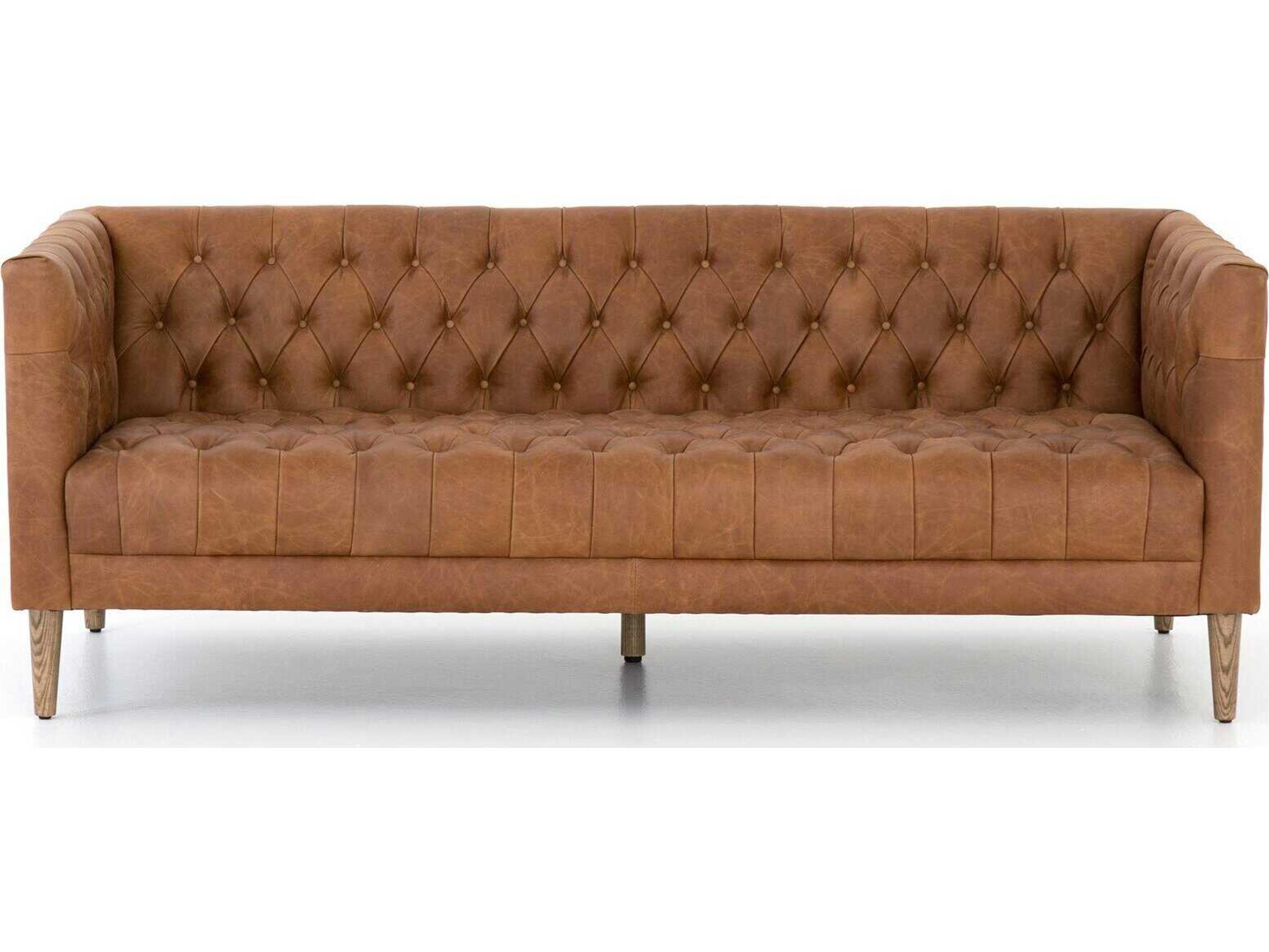 Four Hands Carnegie Williams Natural Washed Camel Weathered Oak Brown Leather Sofa