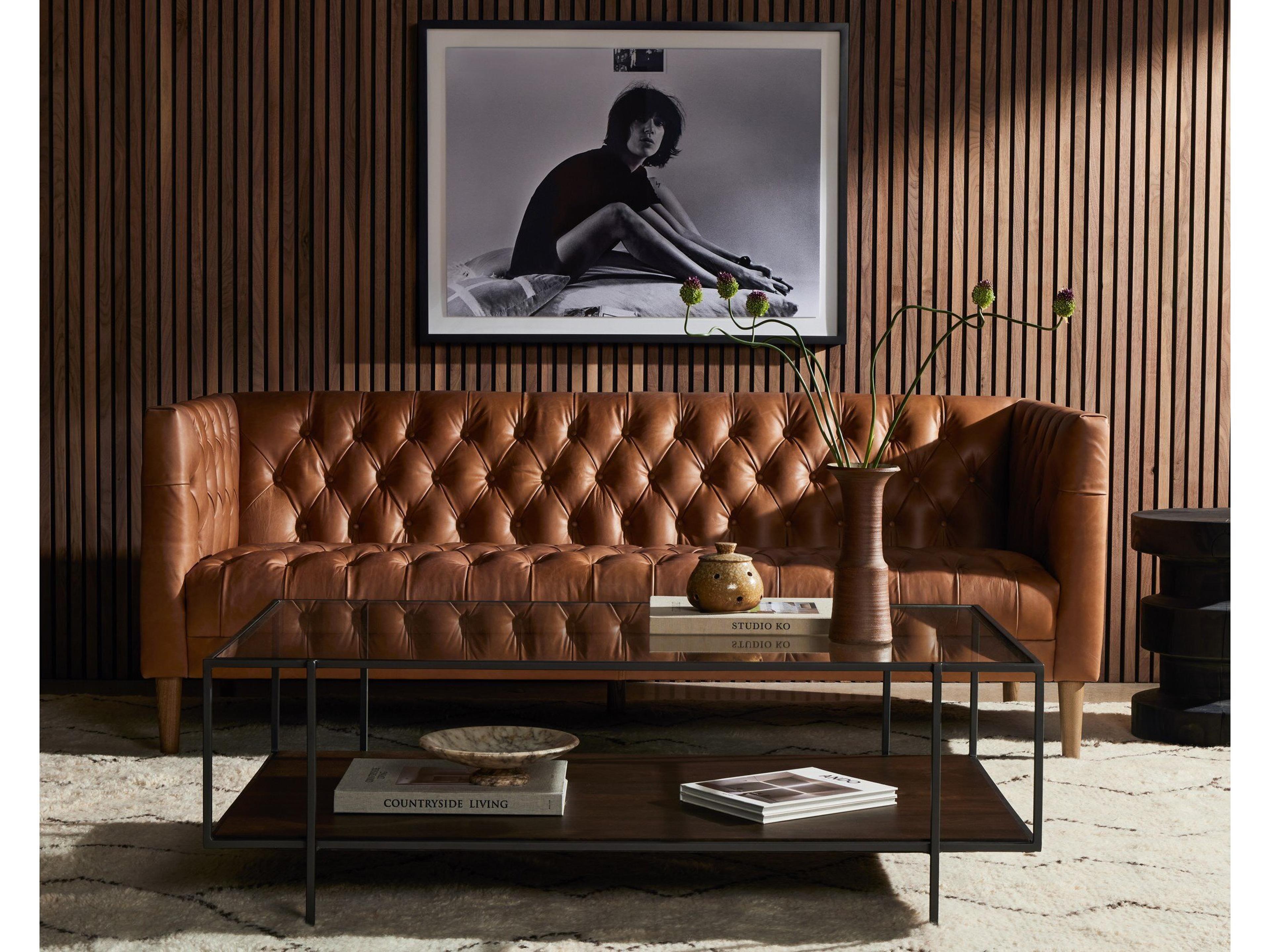 Four Hands Carnegie Williams Natural Washed Camel Weathered Oak Brown Leather Sofa