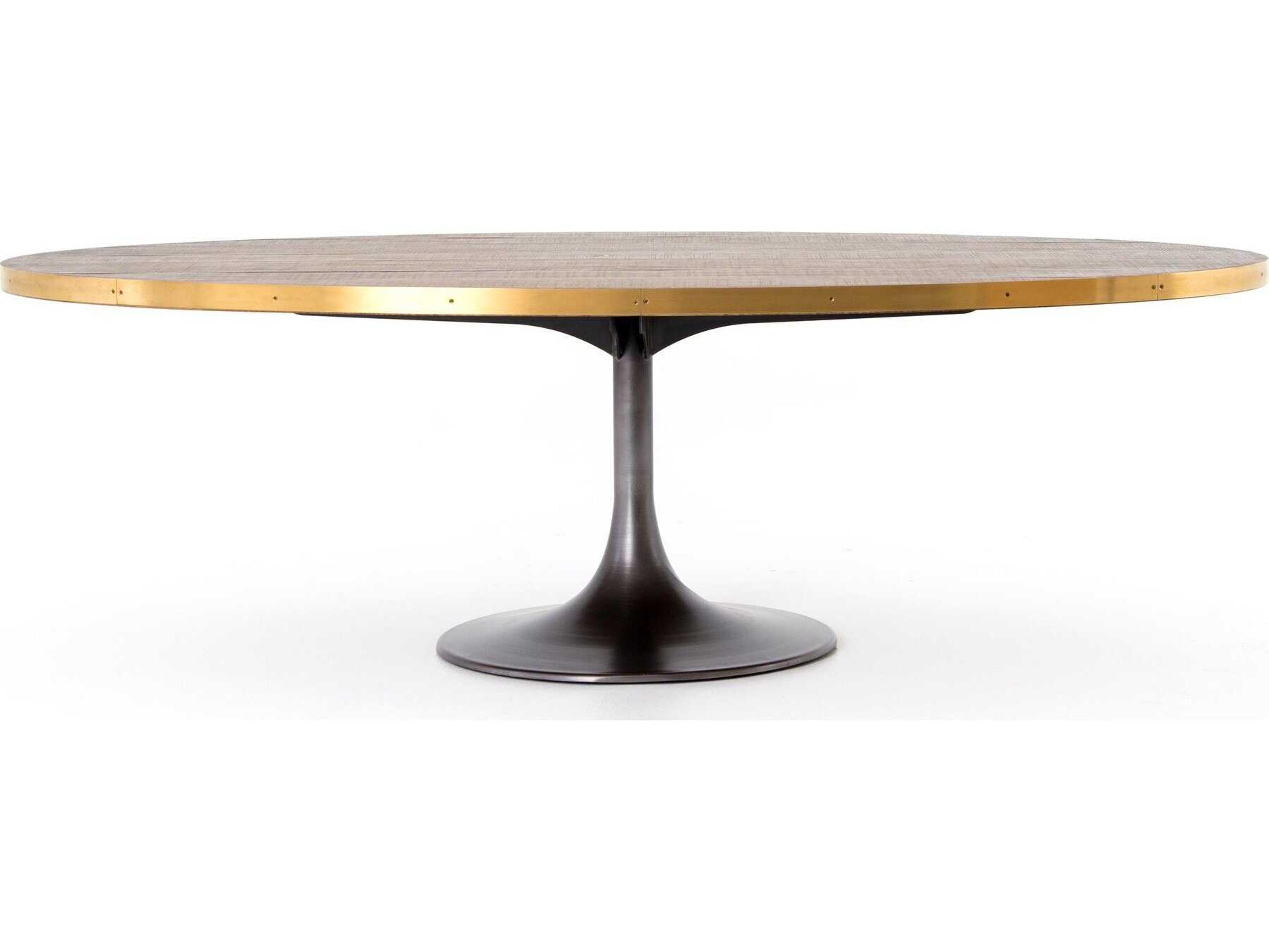 Four Hands Hughes Evans Oval Wood Vessel Grey Polished Brass Light Burnt Oak Dining Table
