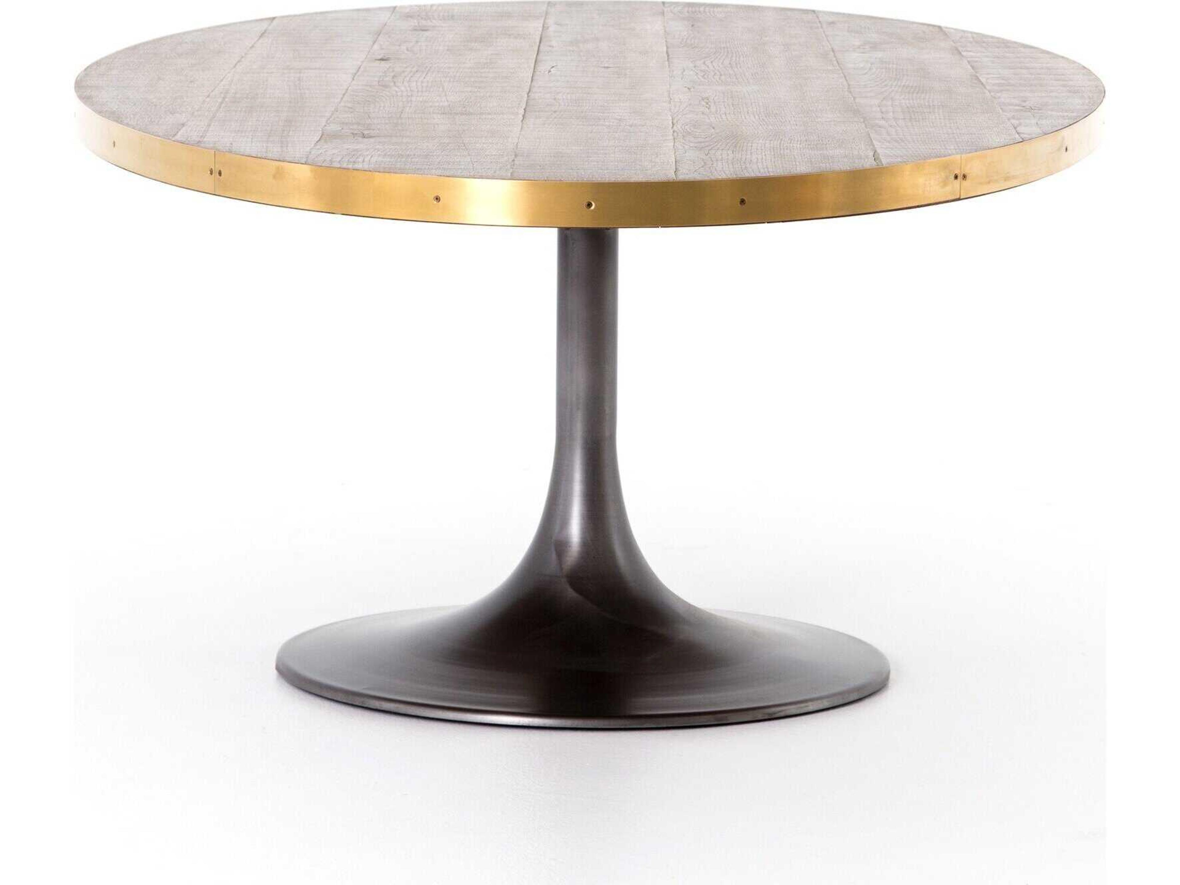 Four Hands Hughes Evans Oval Wood Vessel Grey Polished Brass Light Burnt Oak Dining Table