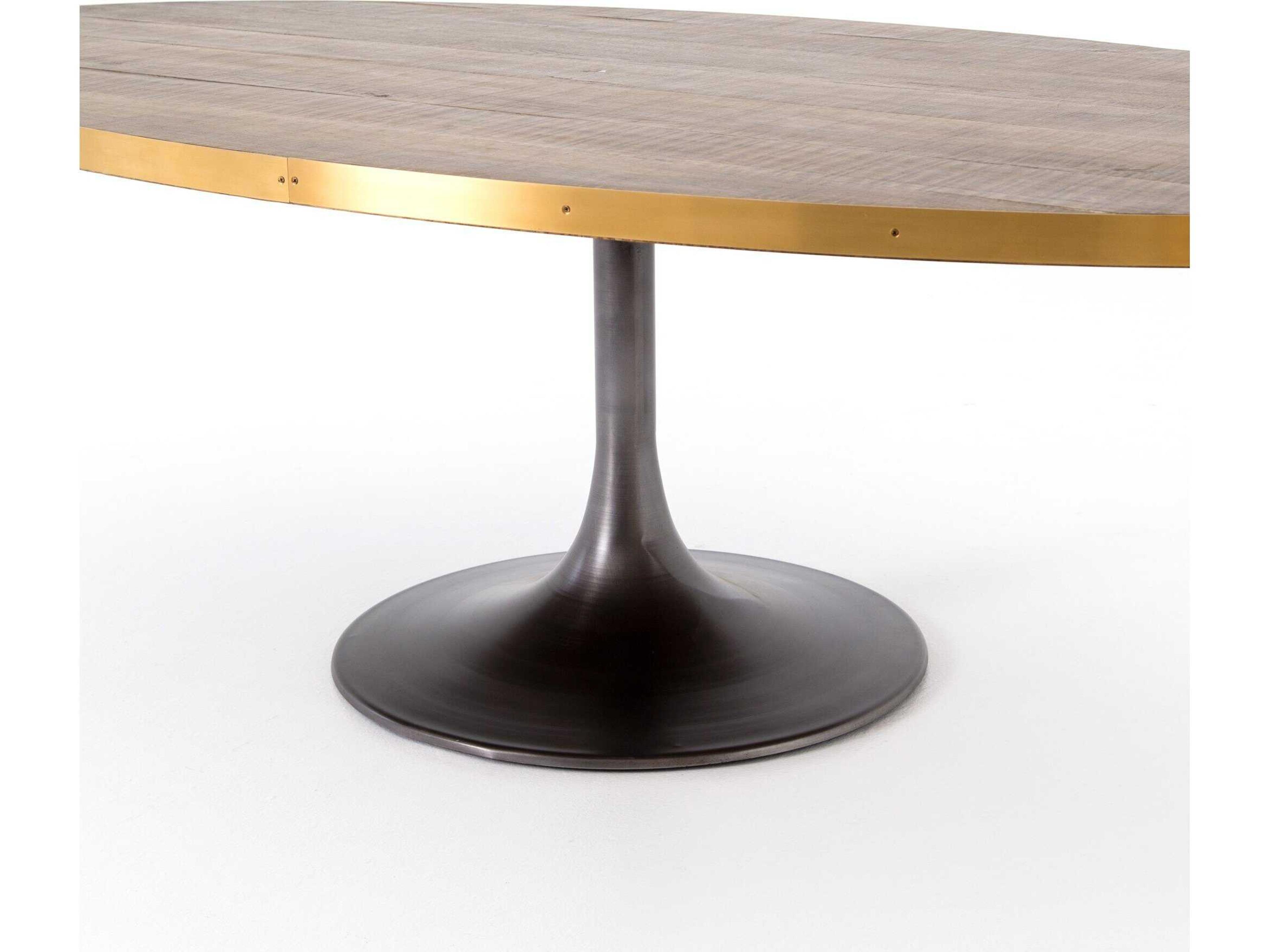 Four Hands Hughes Evans Oval Wood Vessel Grey Polished Brass Light Burnt Oak Dining Table