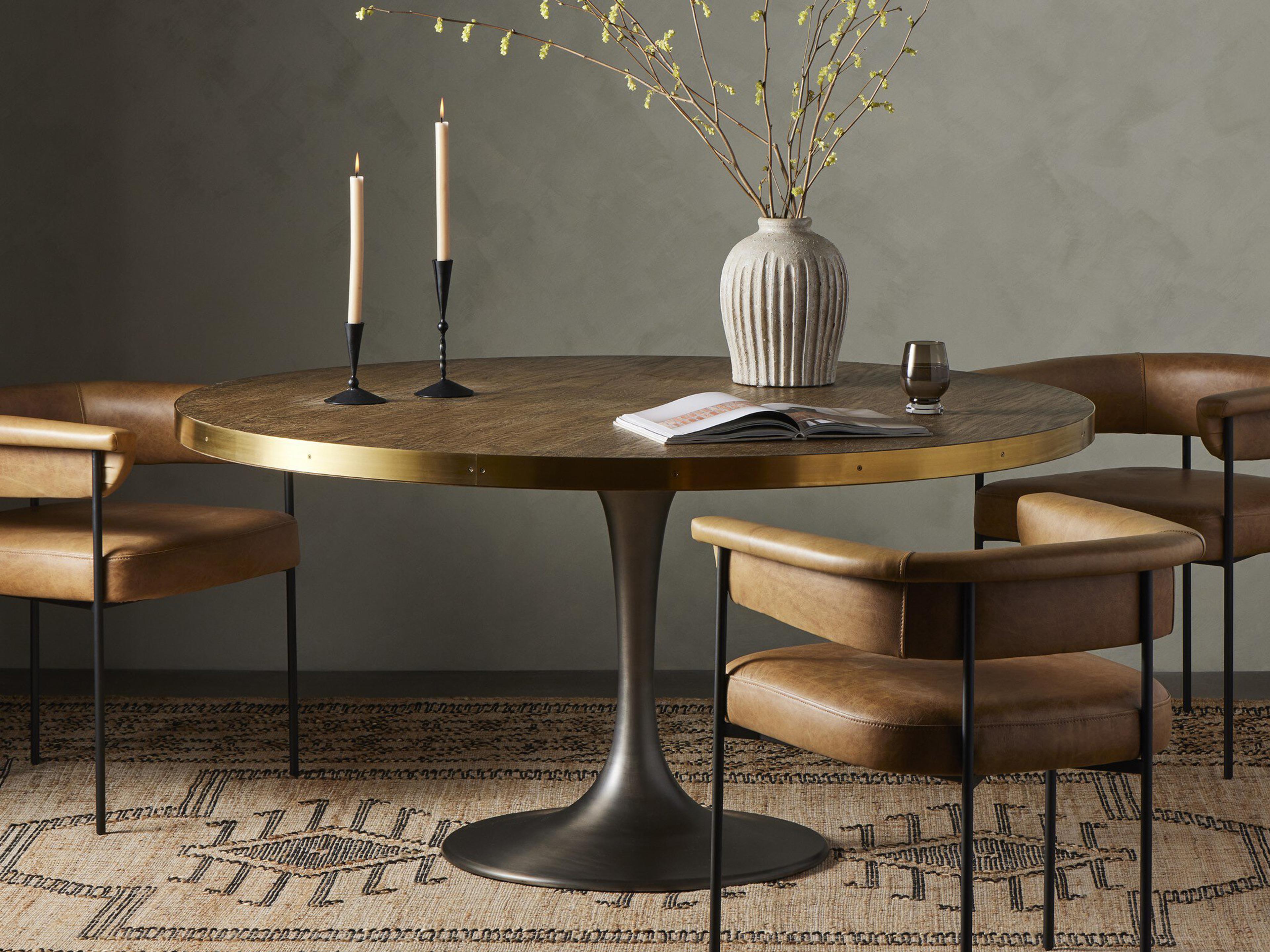 Four Hands Hughes Evans Round Metal Vessel Grey Polished Brass Light Burnt Oak Dining Table