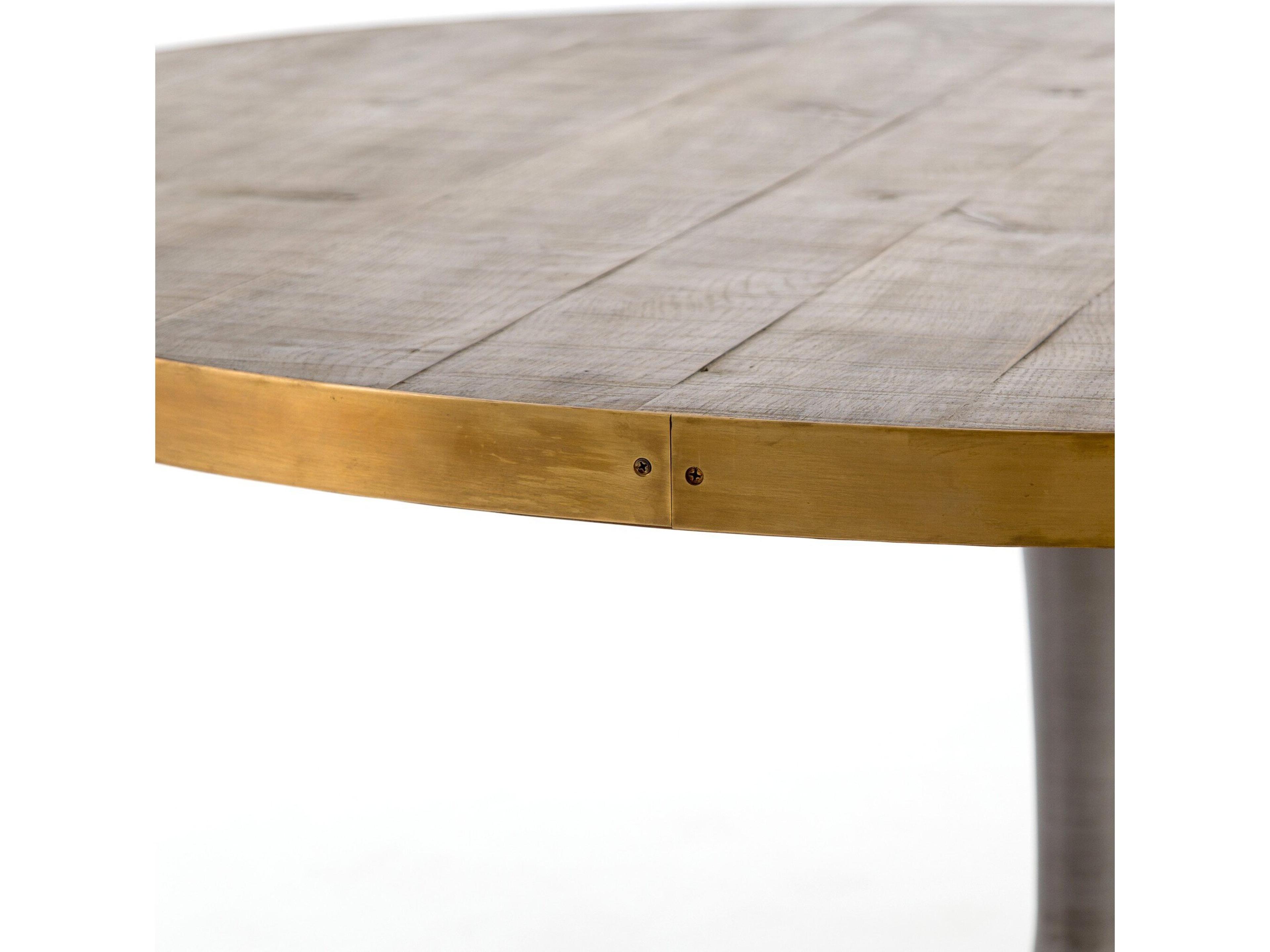 Four Hands Hughes Evans Round Metal Vessel Grey Polished Brass Light Burnt Oak Dining Table