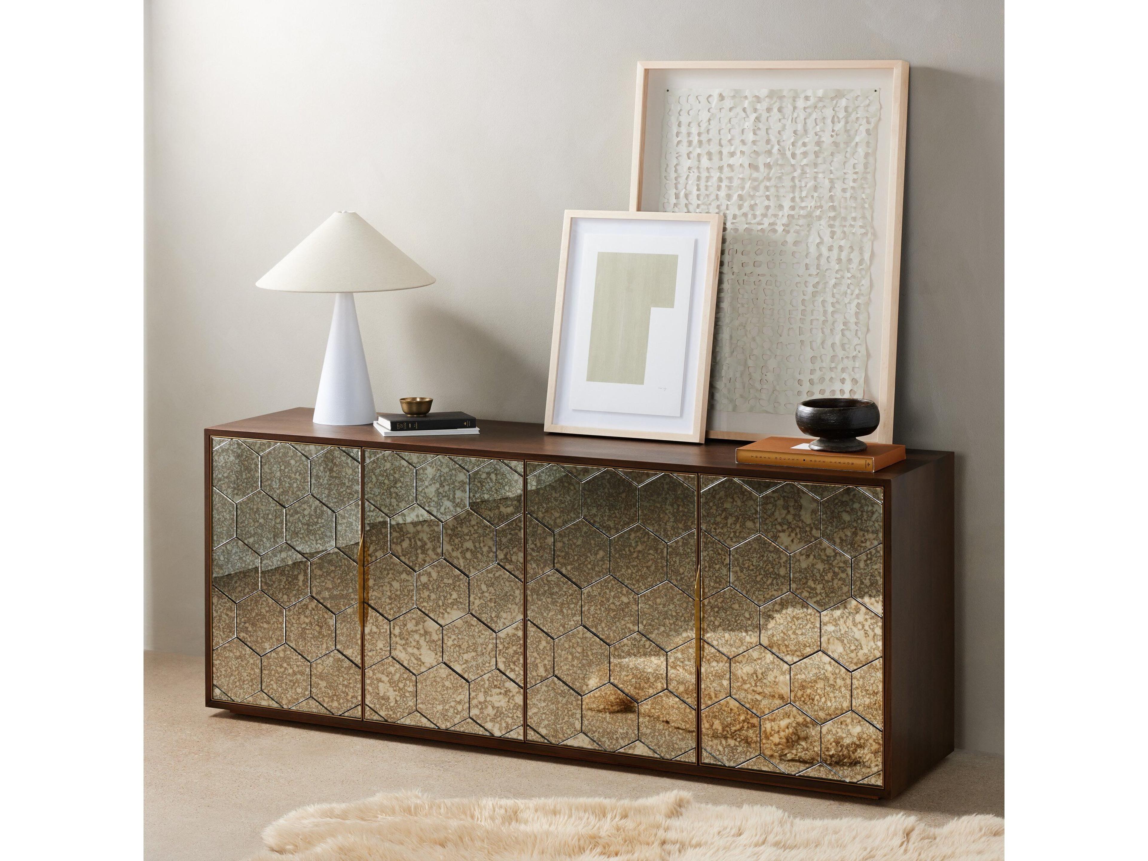 Four Hands Hughes Cybil 78" Walnut Wood Dark Antique Mirror Polished Brass Sideboard