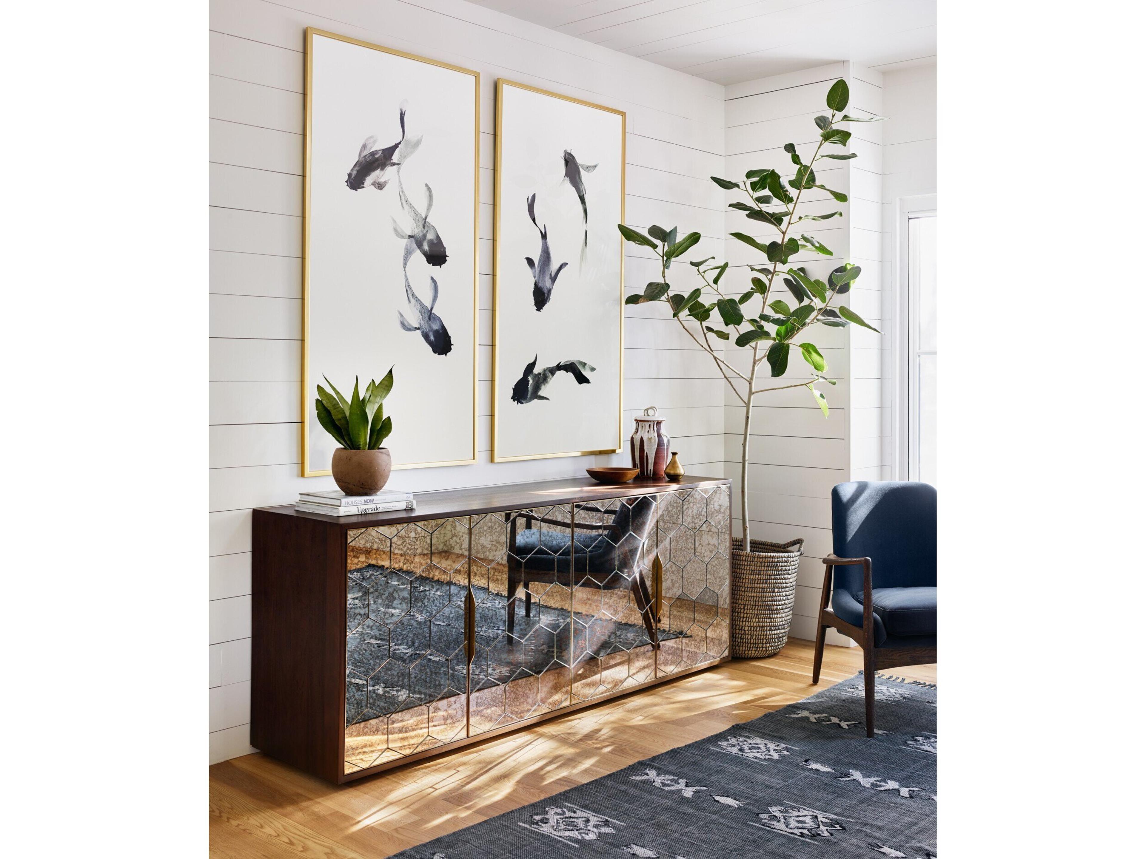 Luxecor Globetrotter Cybil 78" Walnut Wood Dark Antique Mirror Polished Brass Sideboard