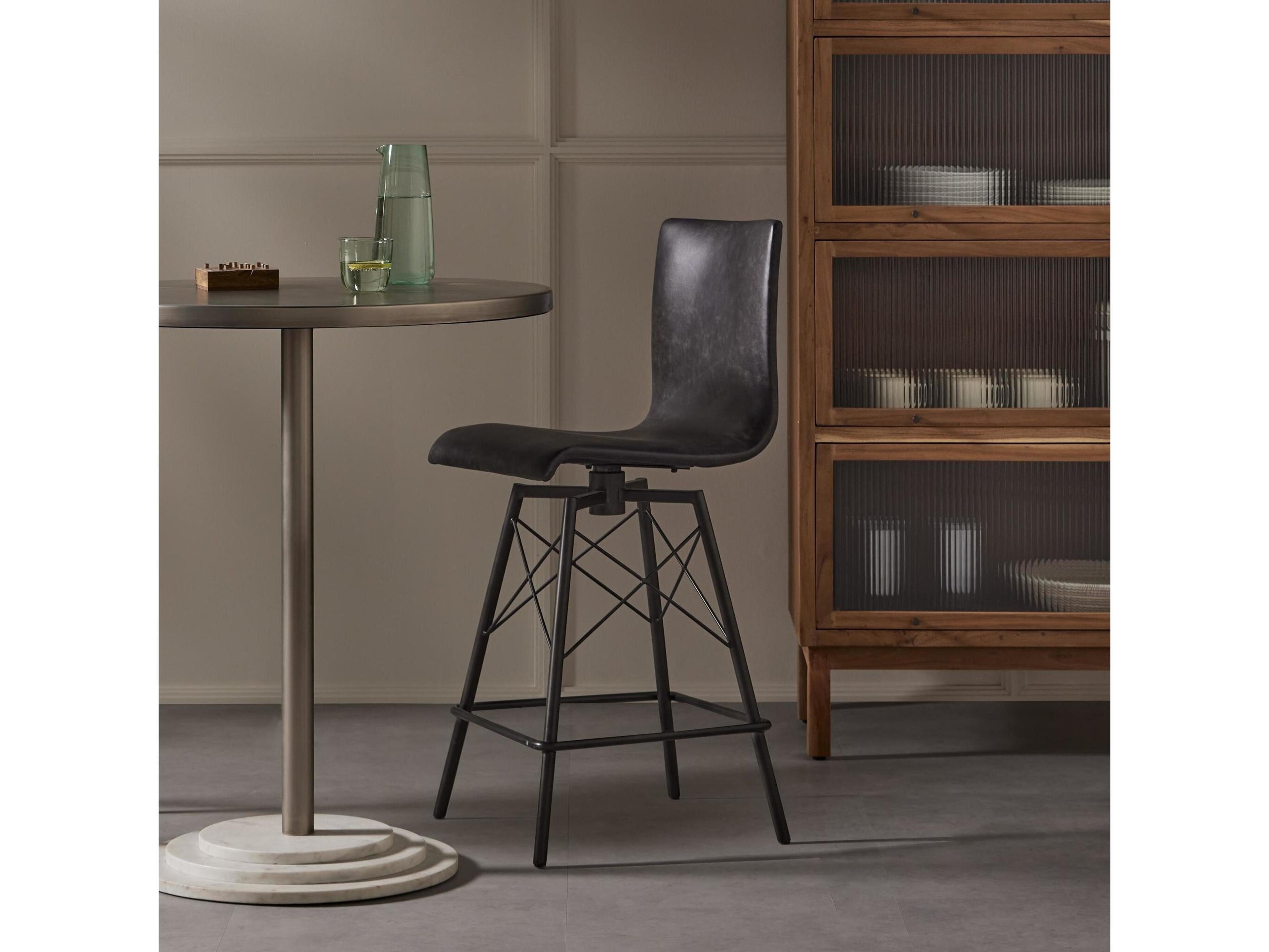 Four Hands Irondale Diaw Leather Swivel Upholstered Rialto Ebony Waxed Black Counter Stool