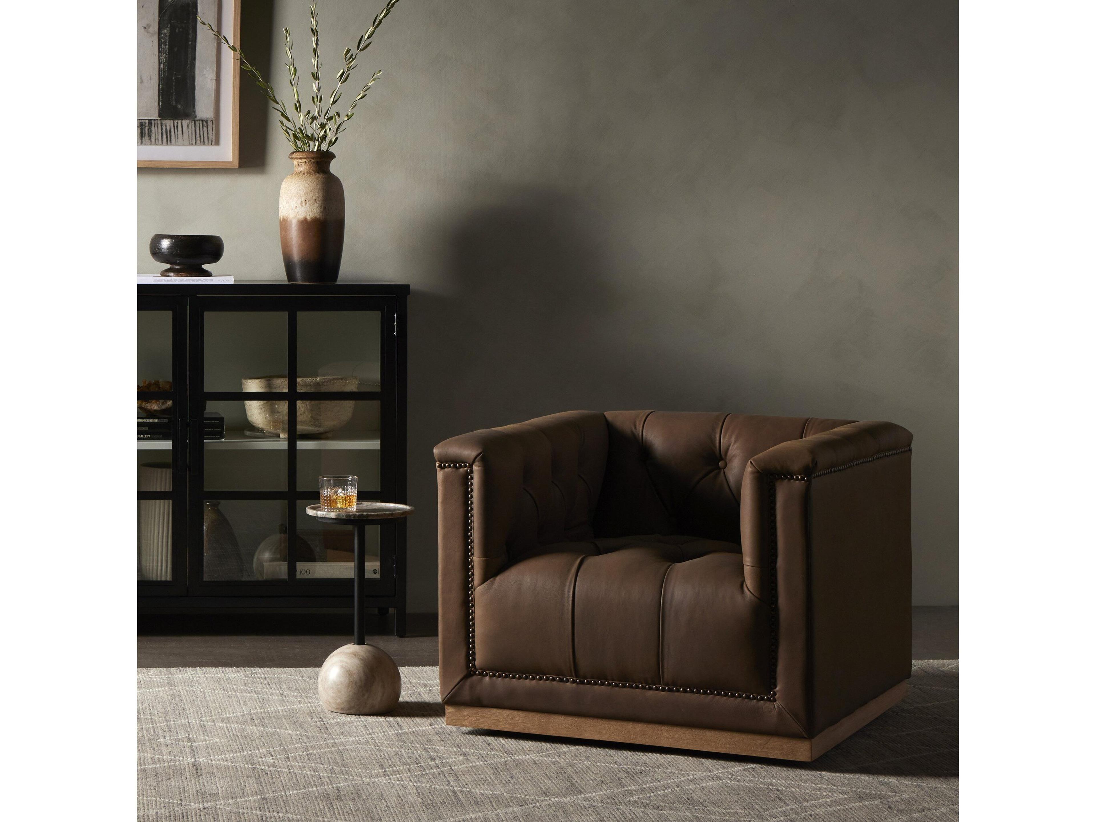 Four Hands Kensington Maxx Swivel Brown Leather Accent Chair