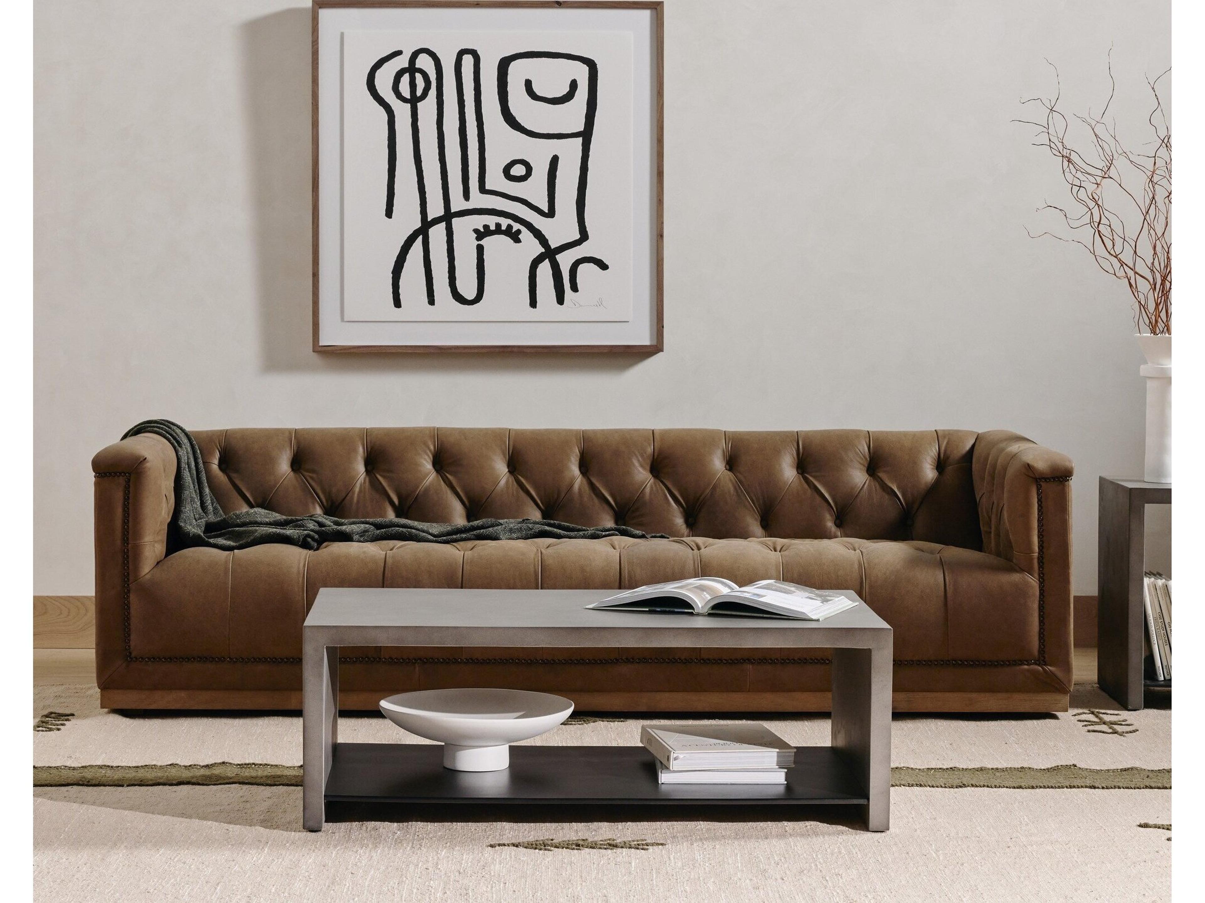 Four Hands Kensington Maxx Umber Grey Whitewash Aged Bronze Nailhead Upholstered Sofa