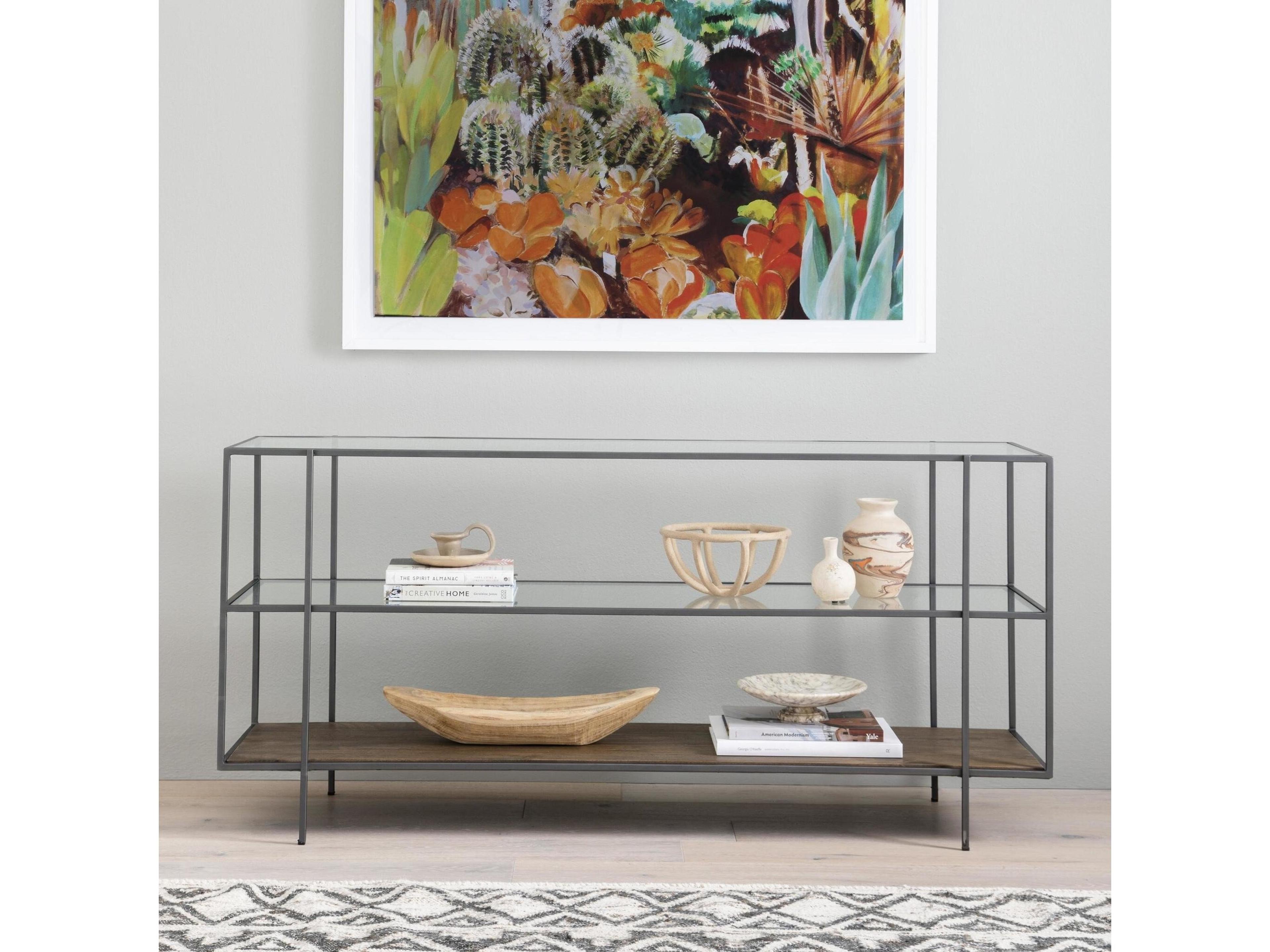 Four Hands Harmon Byron Rectangular Aged Brown Dark Iron Tempered Glass Console Table