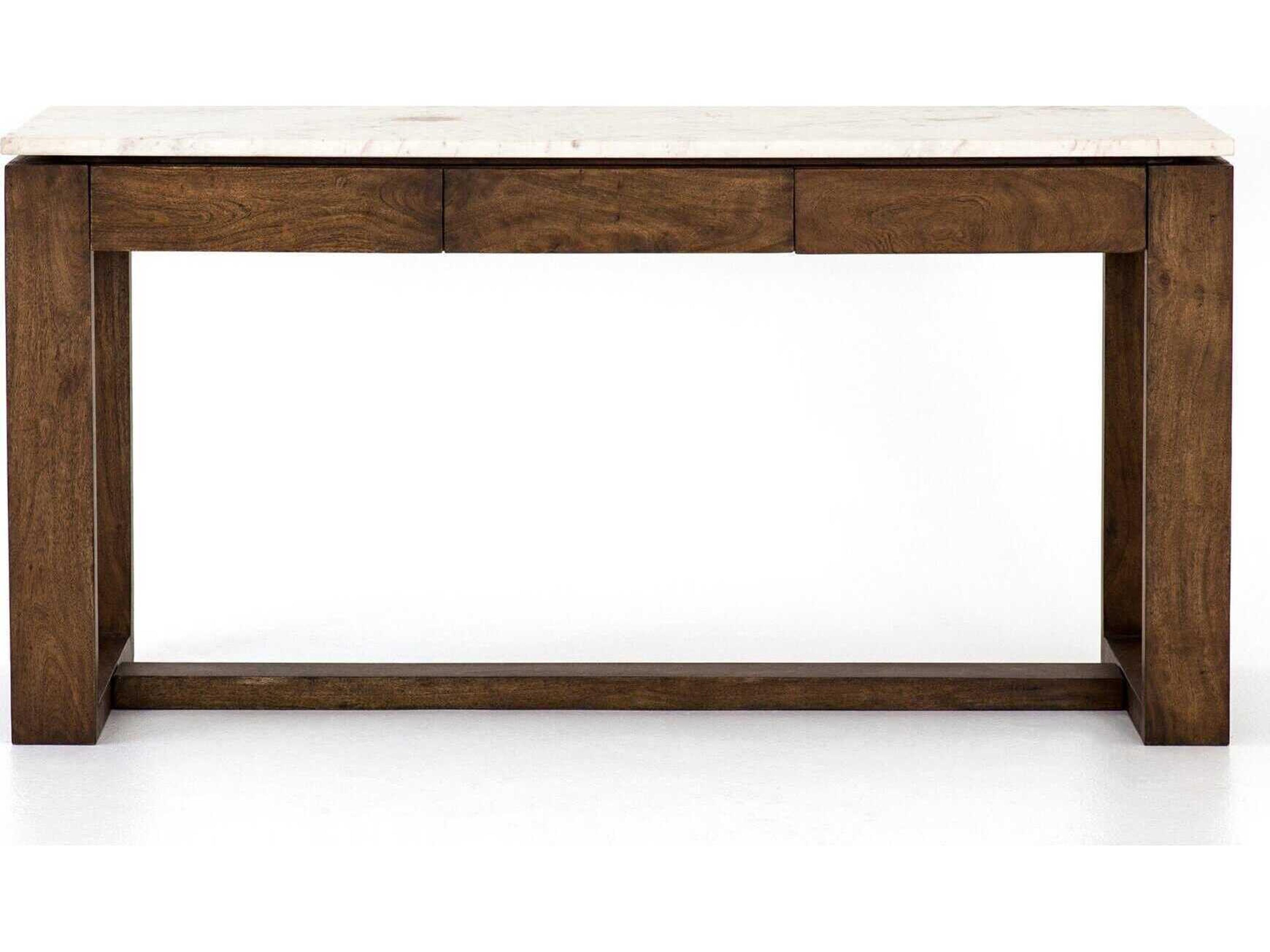 Four Hands Harmon Everton Rectangular Light Tanner Brown Acacia Polished White Marble Dining Table