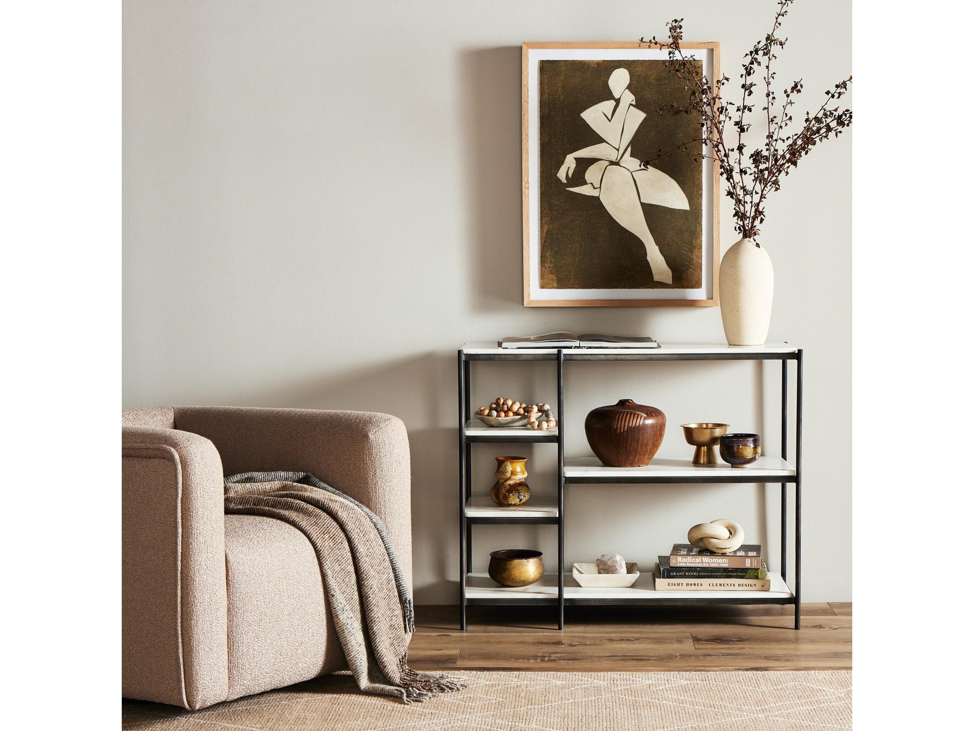 Luxecor Globetrotter Lily Rectangular Hammered Grey clear Powder Coat Polished White Marble Console Table