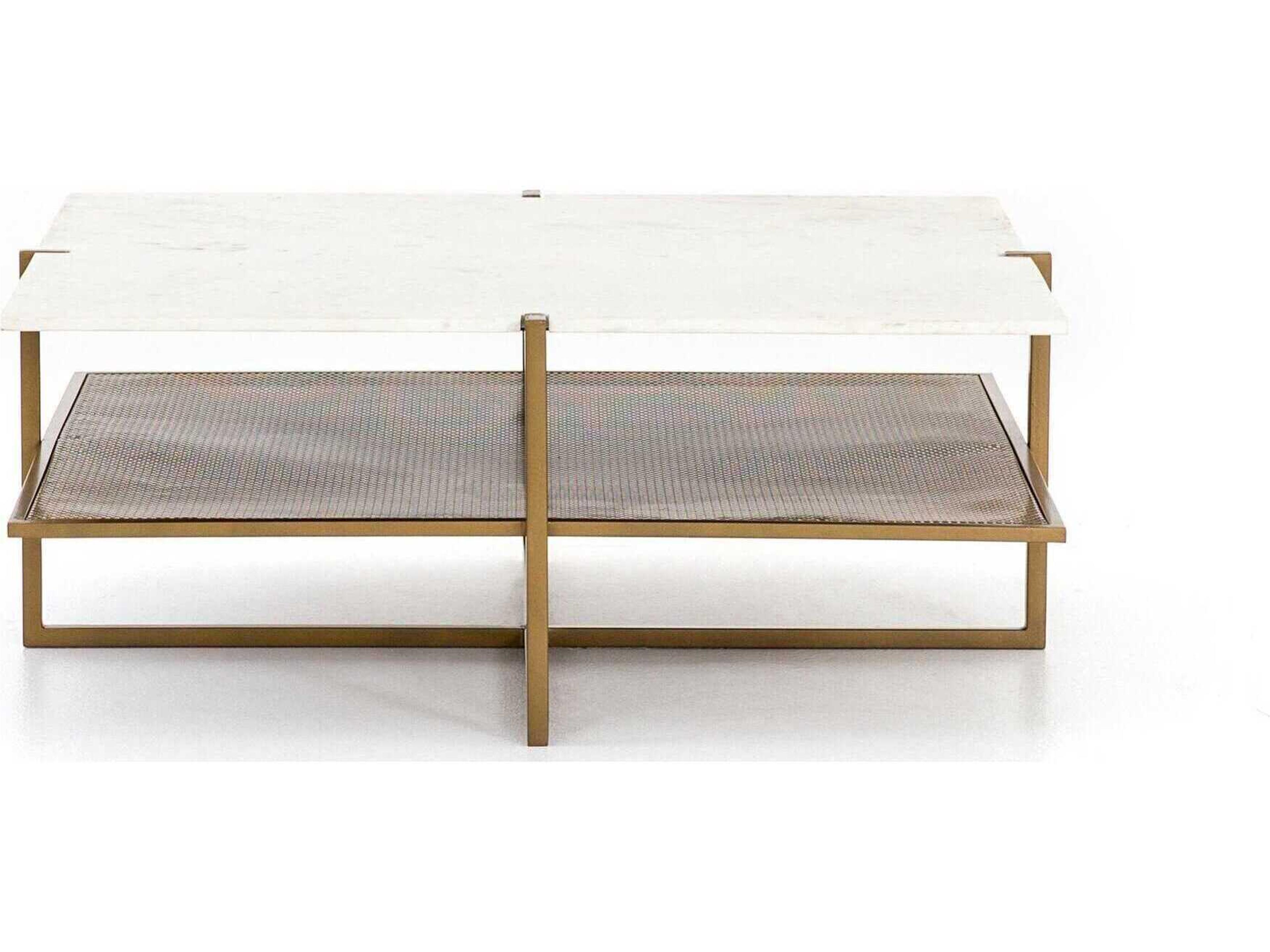 Four Hands Marlow Olivia Square Antique Brass Polished White Marble Coffee Table