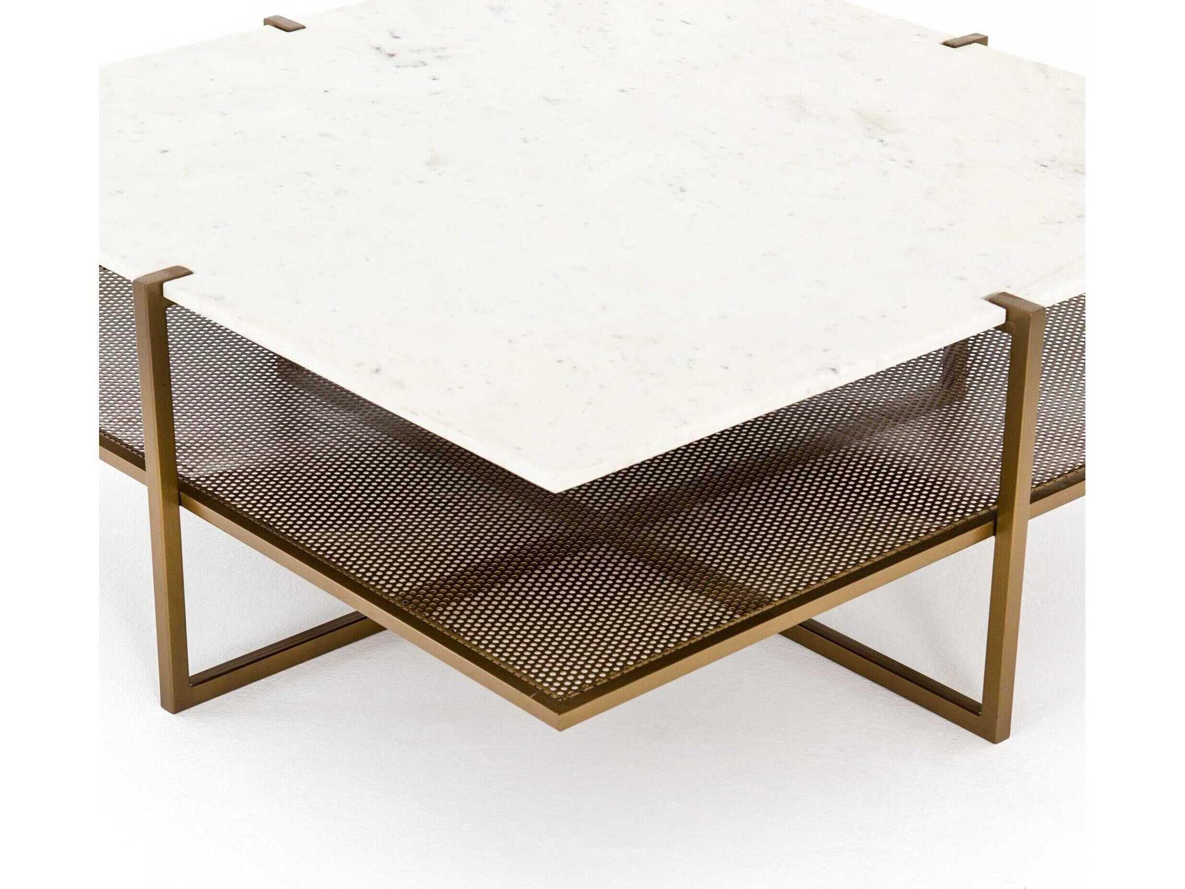 Four Hands Marlow Olivia Square Antique Brass Polished White Marble Coffee Table