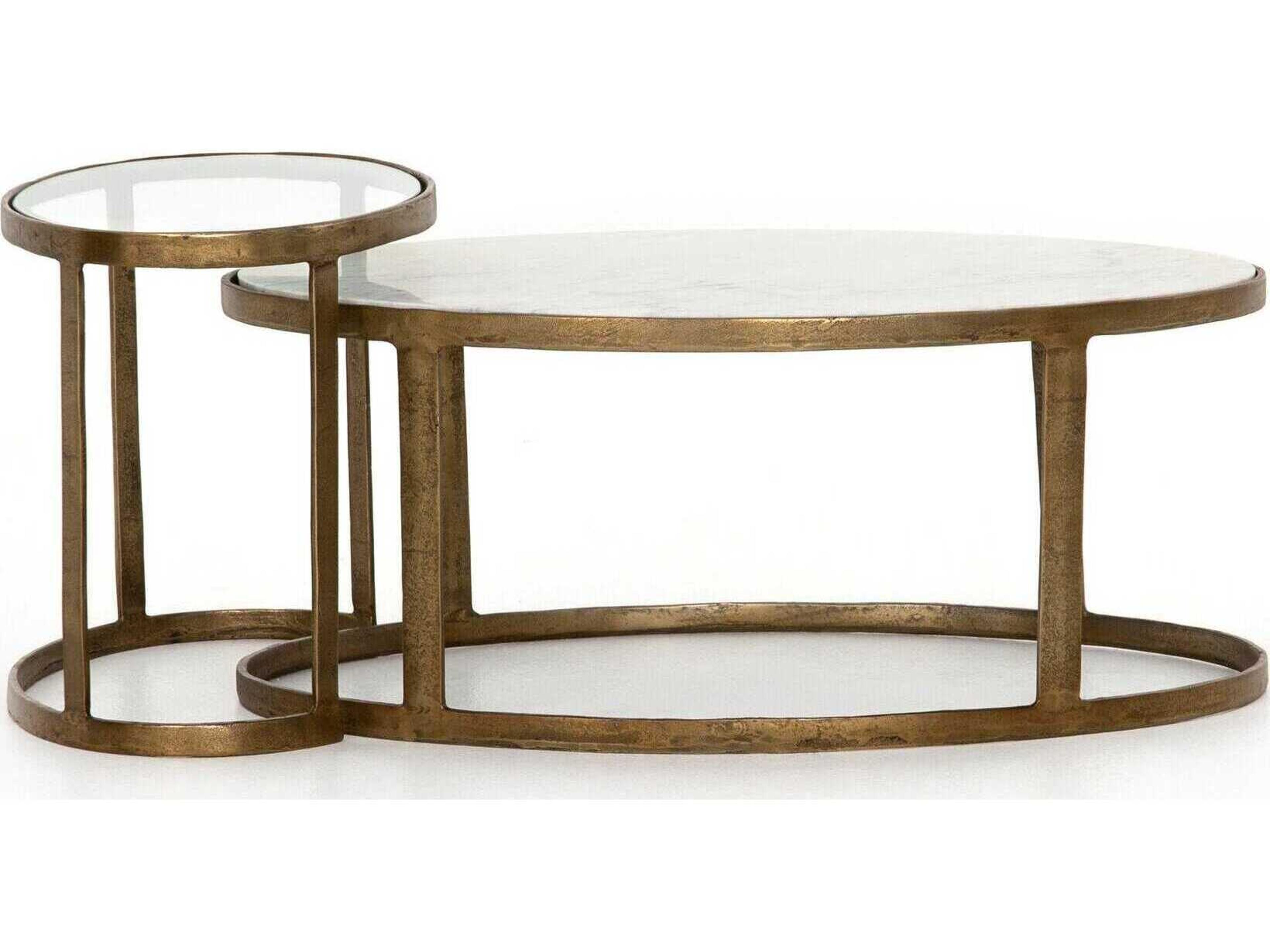 Four Hands Marlow Calder Nesting Oval Raw Brass Tempered Glass Polished White Marble Coffee Table