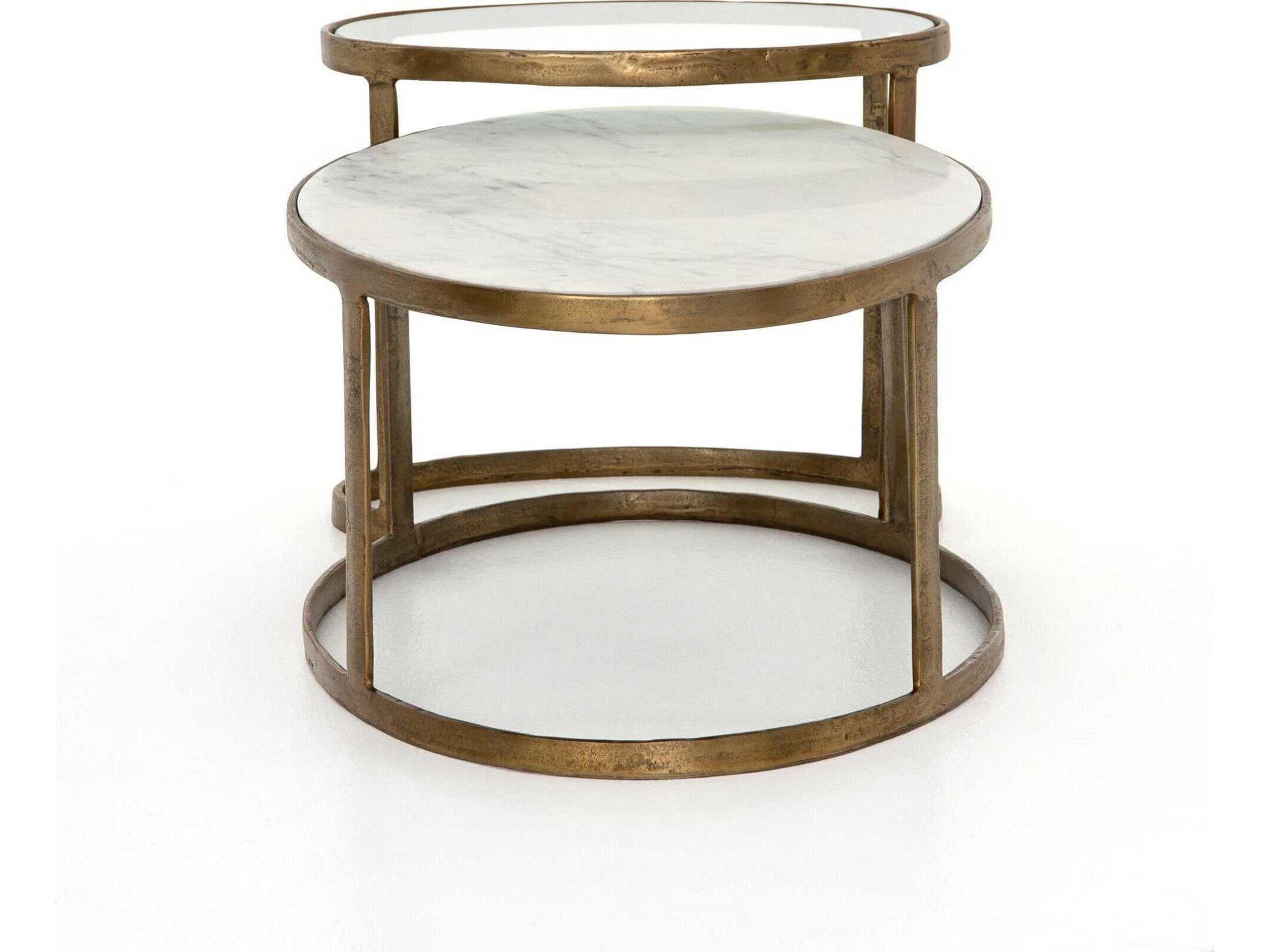 Four Hands Marlow Calder Nesting Oval Raw Brass Tempered Glass Polished White Marble Coffee Table