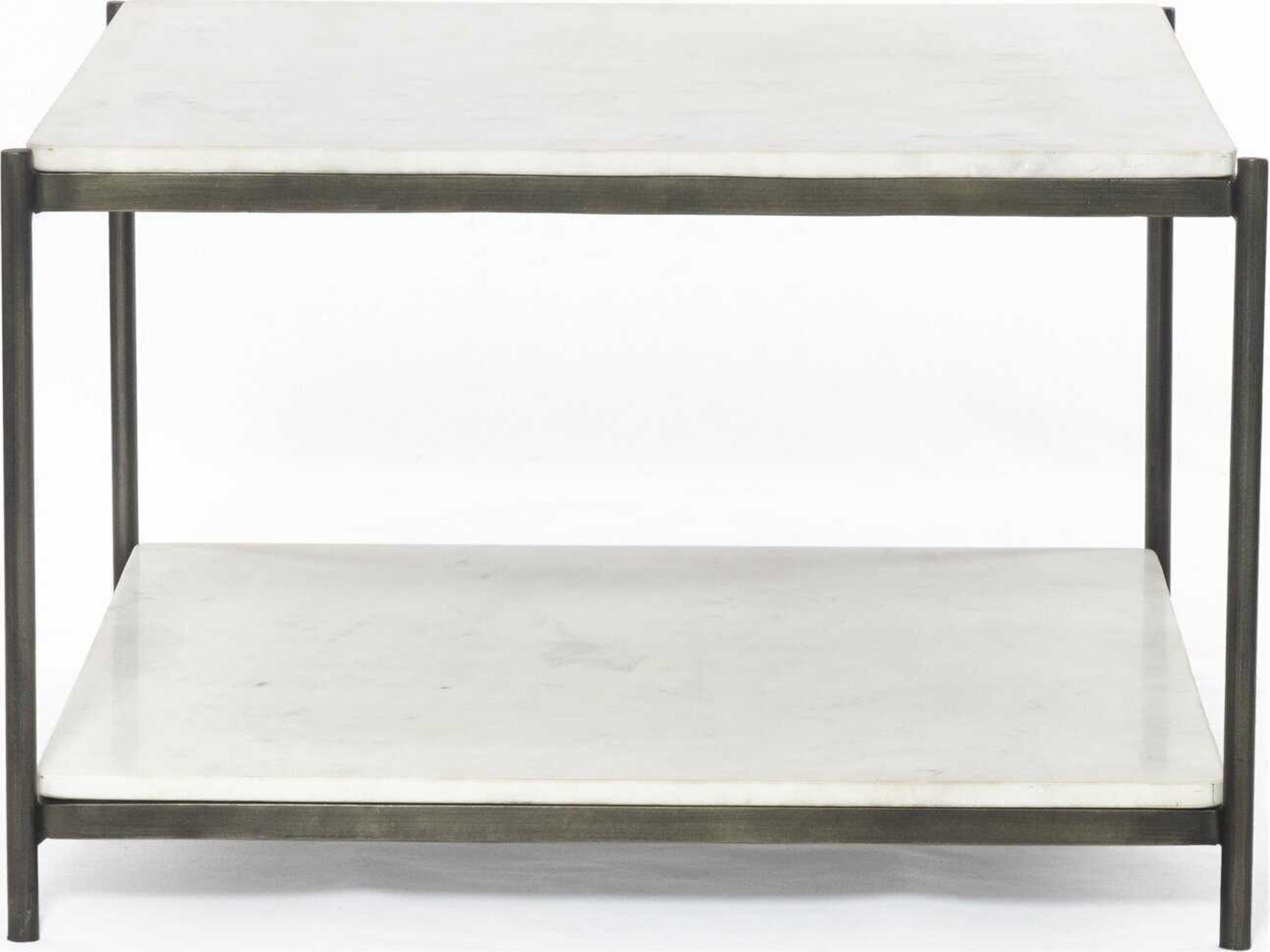 Four Hands Marlow Felix Square Hammered Grey clear Powder Coat Polished White Marble Coffee Table