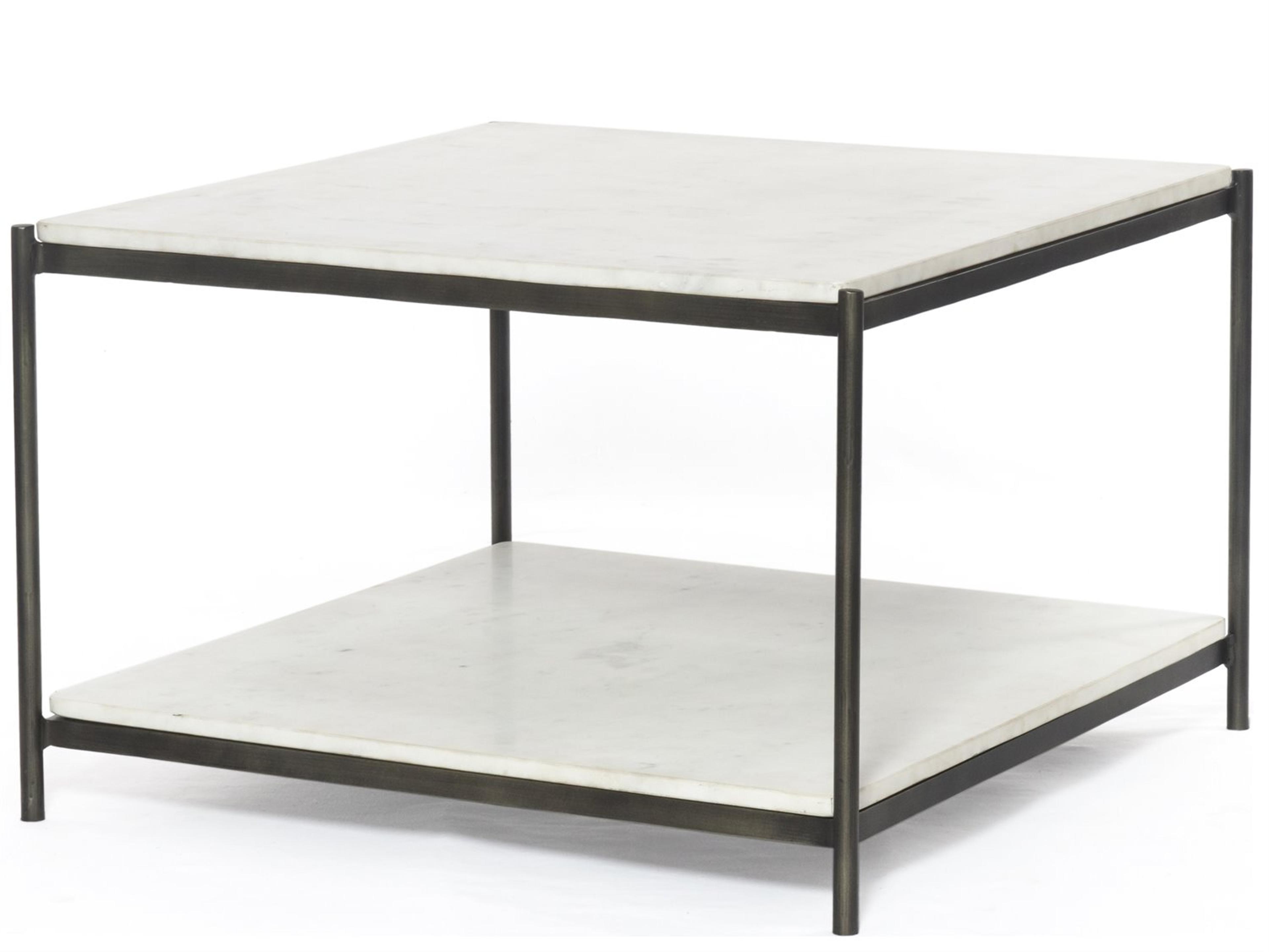 Four Hands Marlow Felix Square Hammered Grey clear Powder Coat Polished White Marble Coffee Table