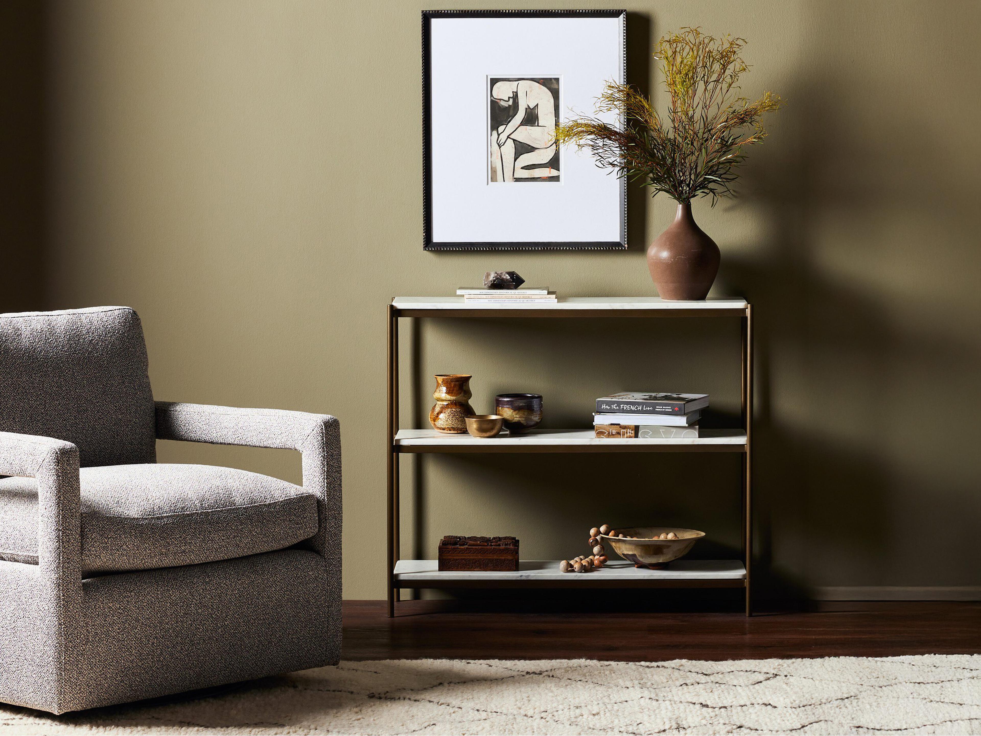 Four Hands Marlow Felix Rectangular Antique Brass Polished White Marble Console Table