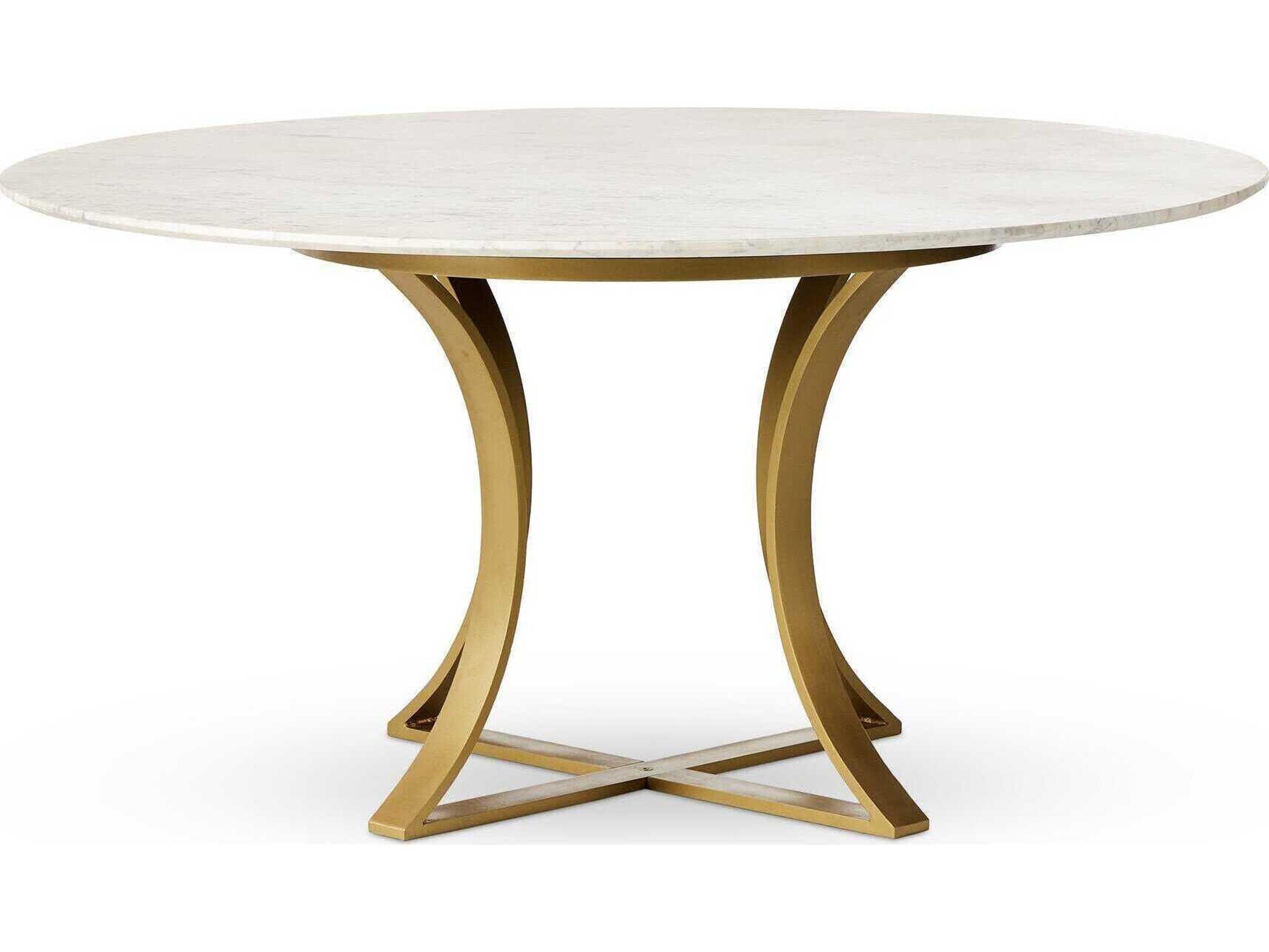 Four Hands Rockwell Gage Round Cast Brass Polished White Marble Dining Table