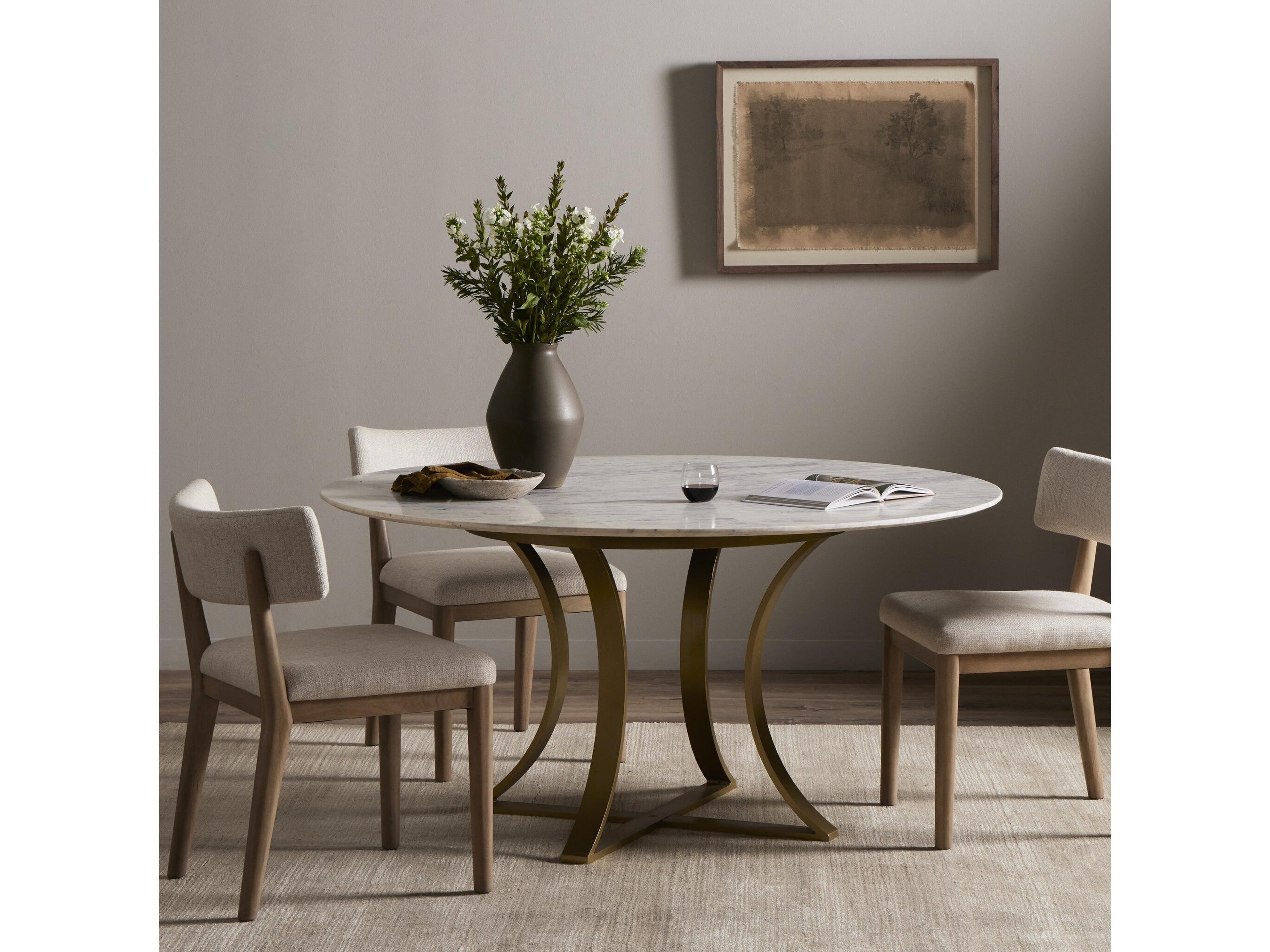 Four Hands Rockwell Gage Round Cast Brass Polished White Marble Dining Table