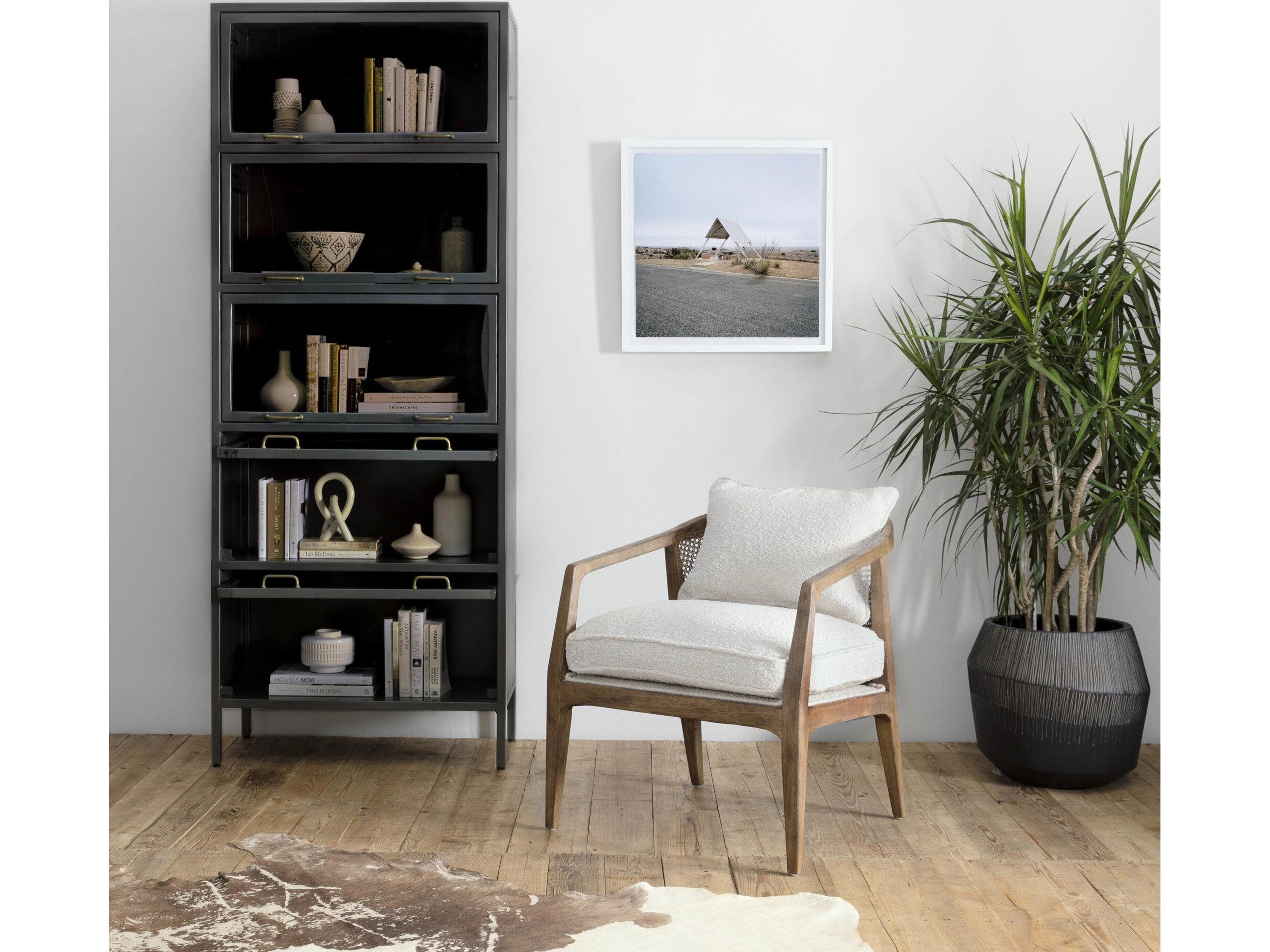 Four Hands Rockwell Aviva Barrister Smoked Glass Flat Brass Gunmetal Display Cabinet