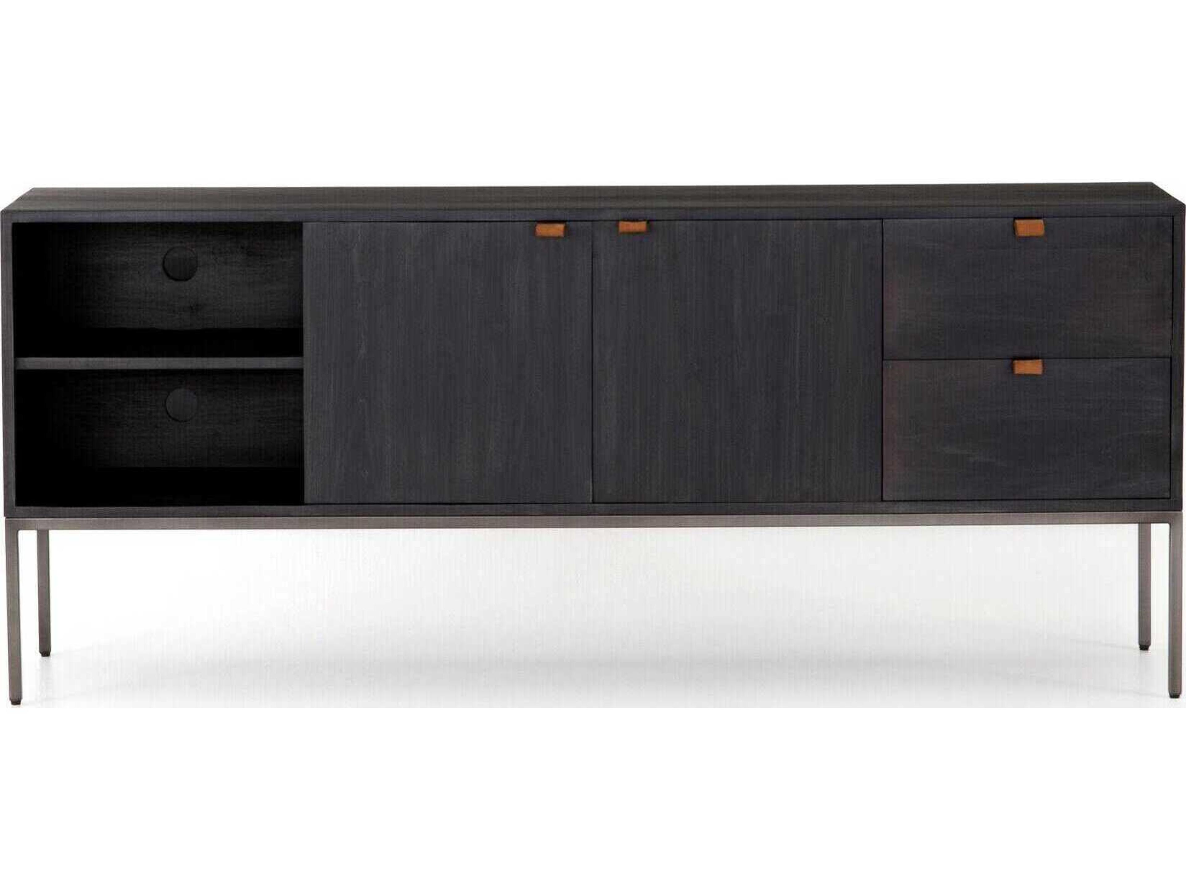 Four Hands Fulton Trey 69" Poplar Wood Black Wash Natural Iron Toffee Leather Media Console