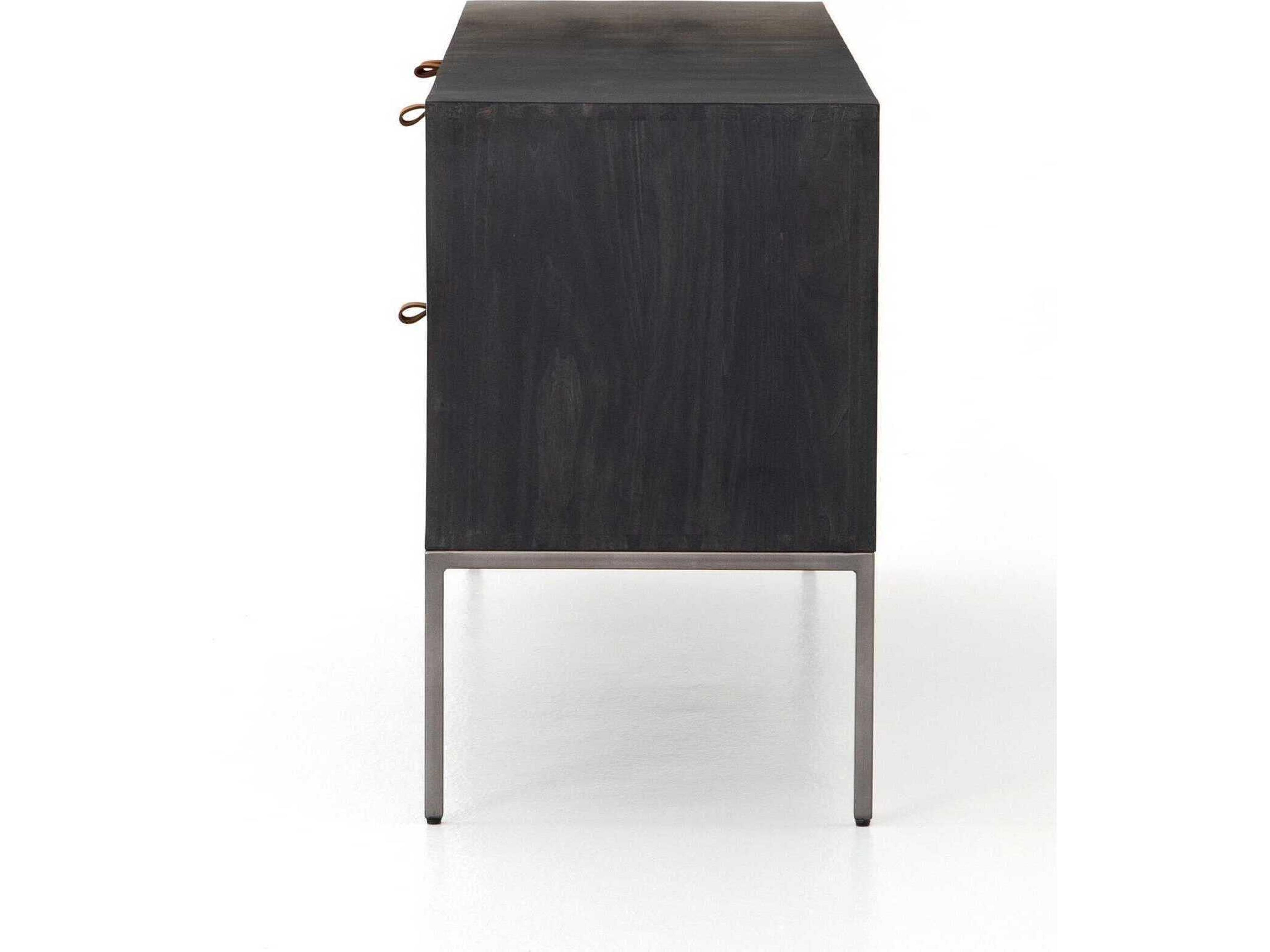 Four Hands Fulton Trey 69" Poplar Wood Black Wash Natural Iron Toffee Leather Media Console