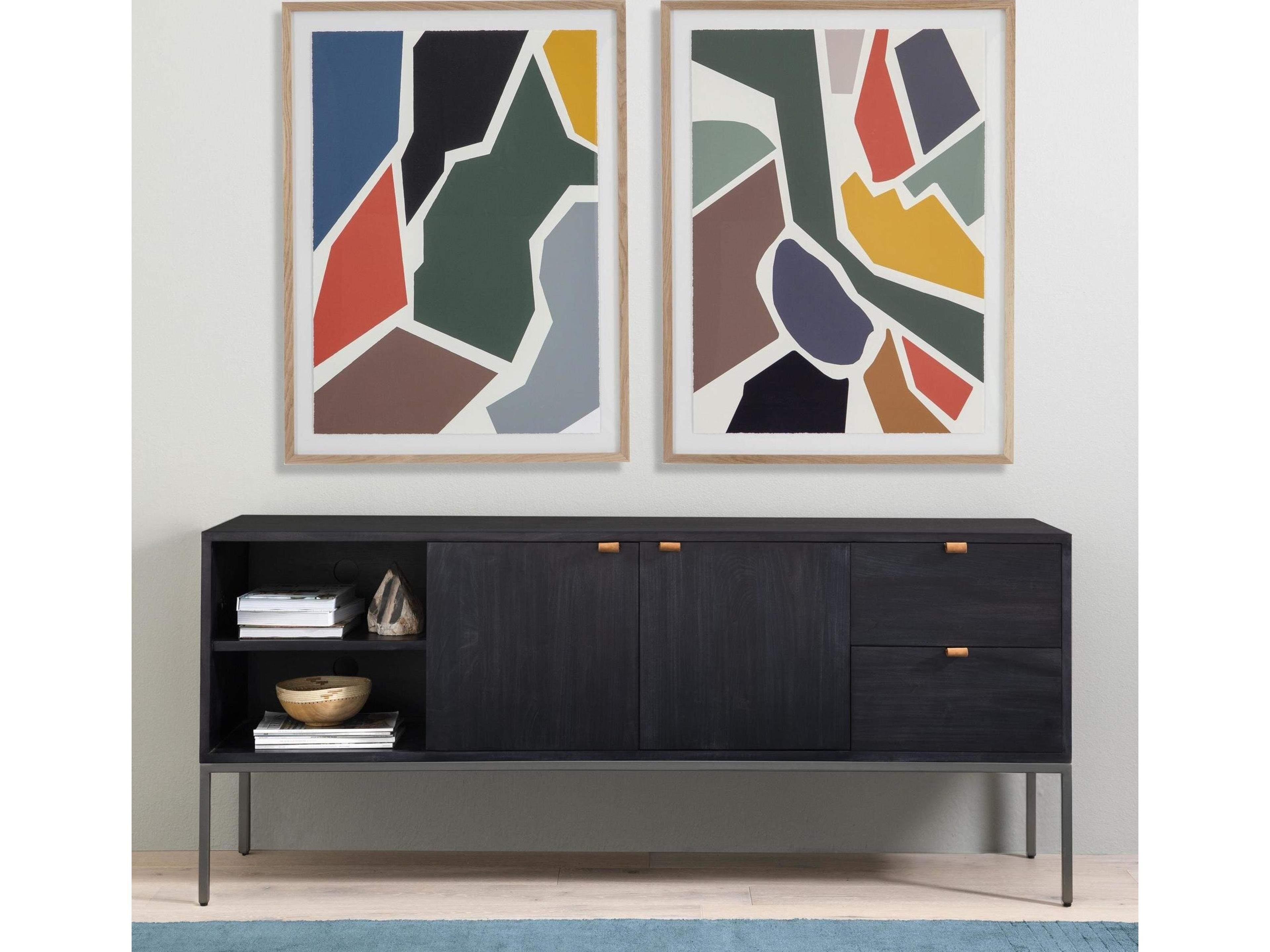 Four Hands Fulton Trey 69" Poplar Wood Black Wash Natural Iron Toffee Leather Media Console