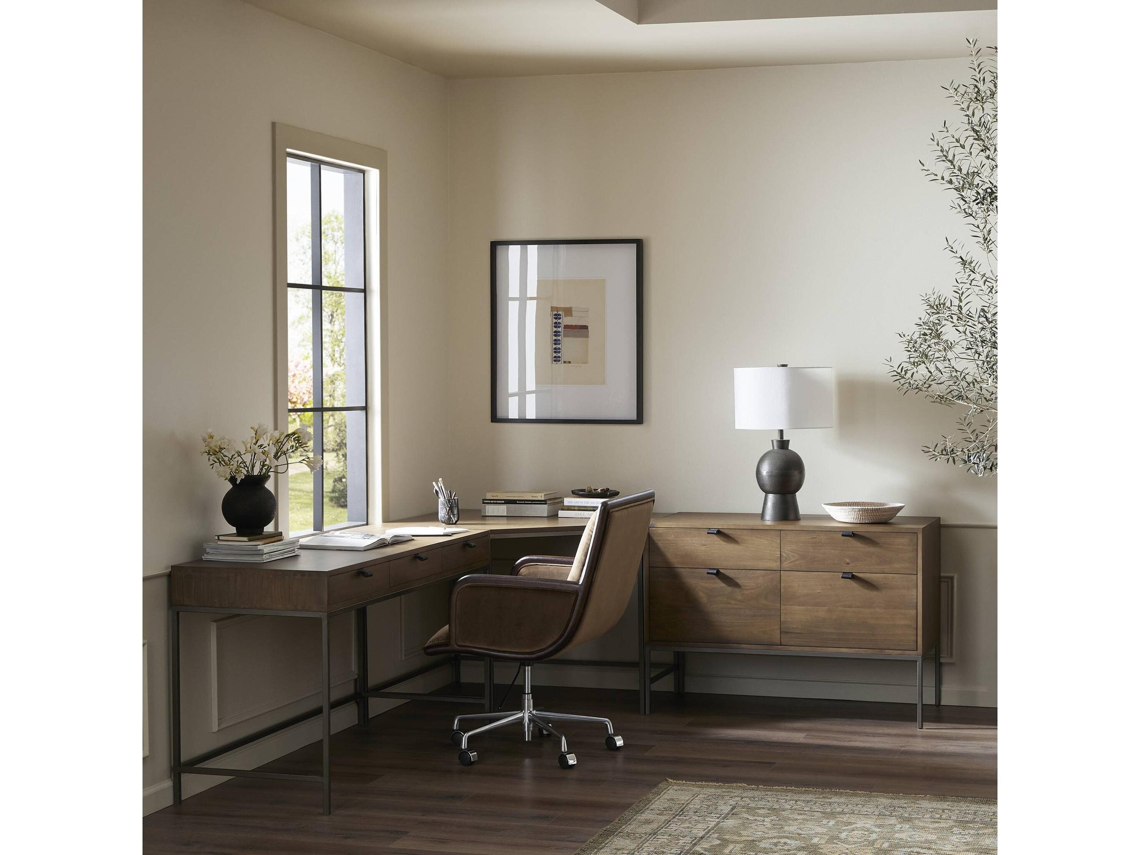 Four Hands Fulton Trey Natural Iron Auburn Poplar Brown Wood Corner Desk