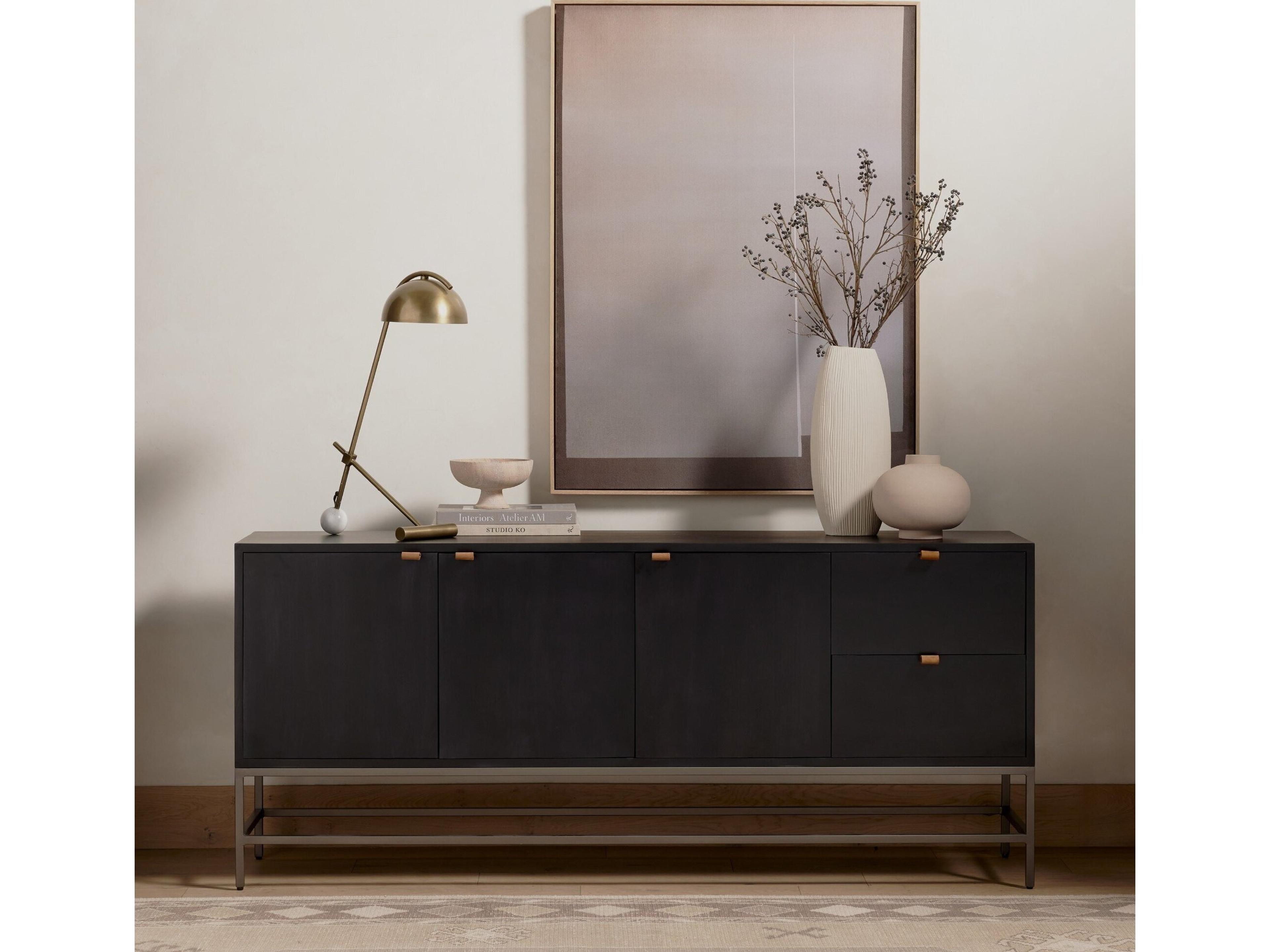 Four Hands Fulton Trey 72" Solid Wood Natural Iron Black Wash Poplar Toffee Leather Sideboard
