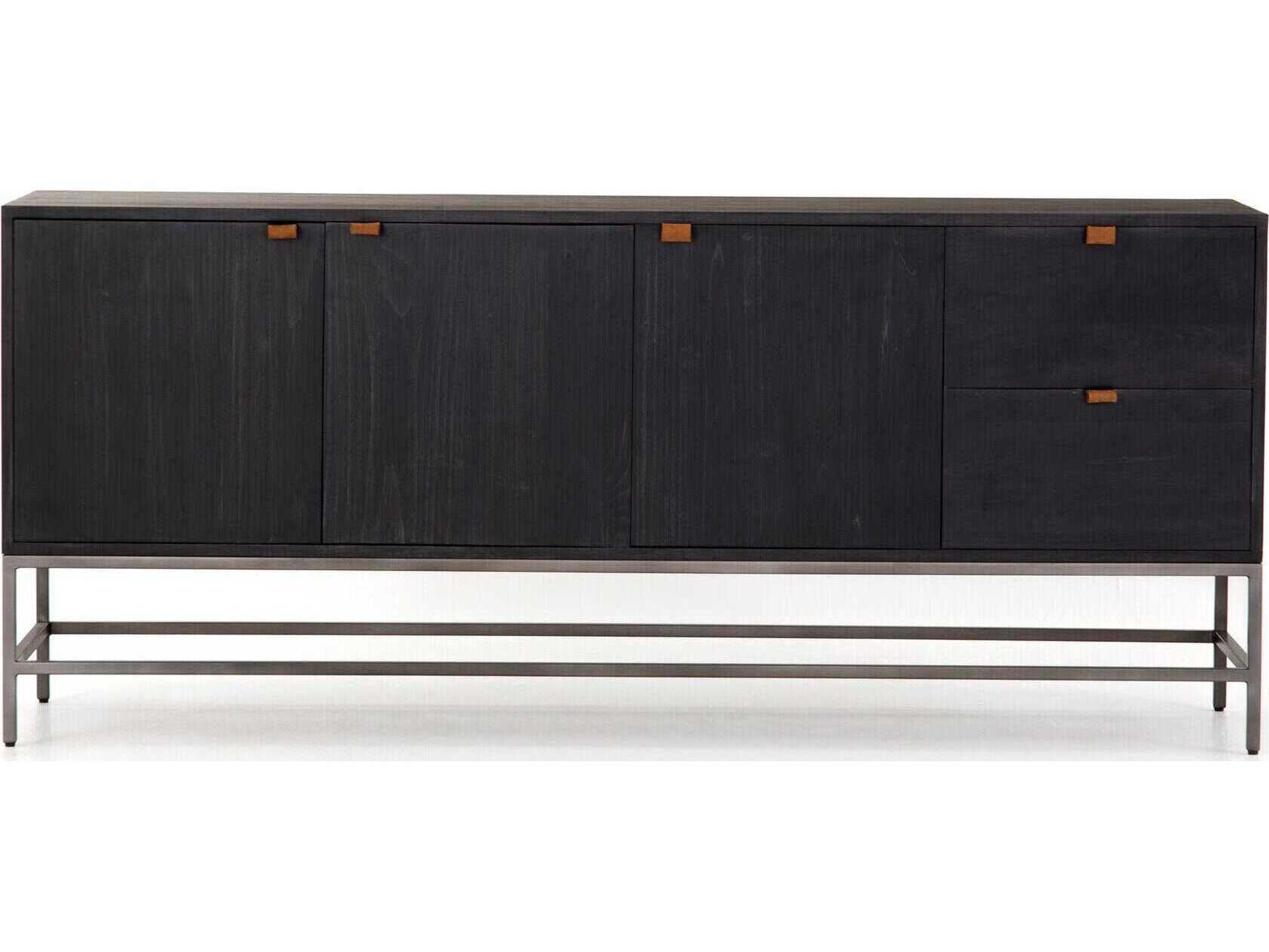 Four Hands Fulton Trey 72" Solid Wood Natural Iron Black Wash Poplar Toffee Leather Sideboard