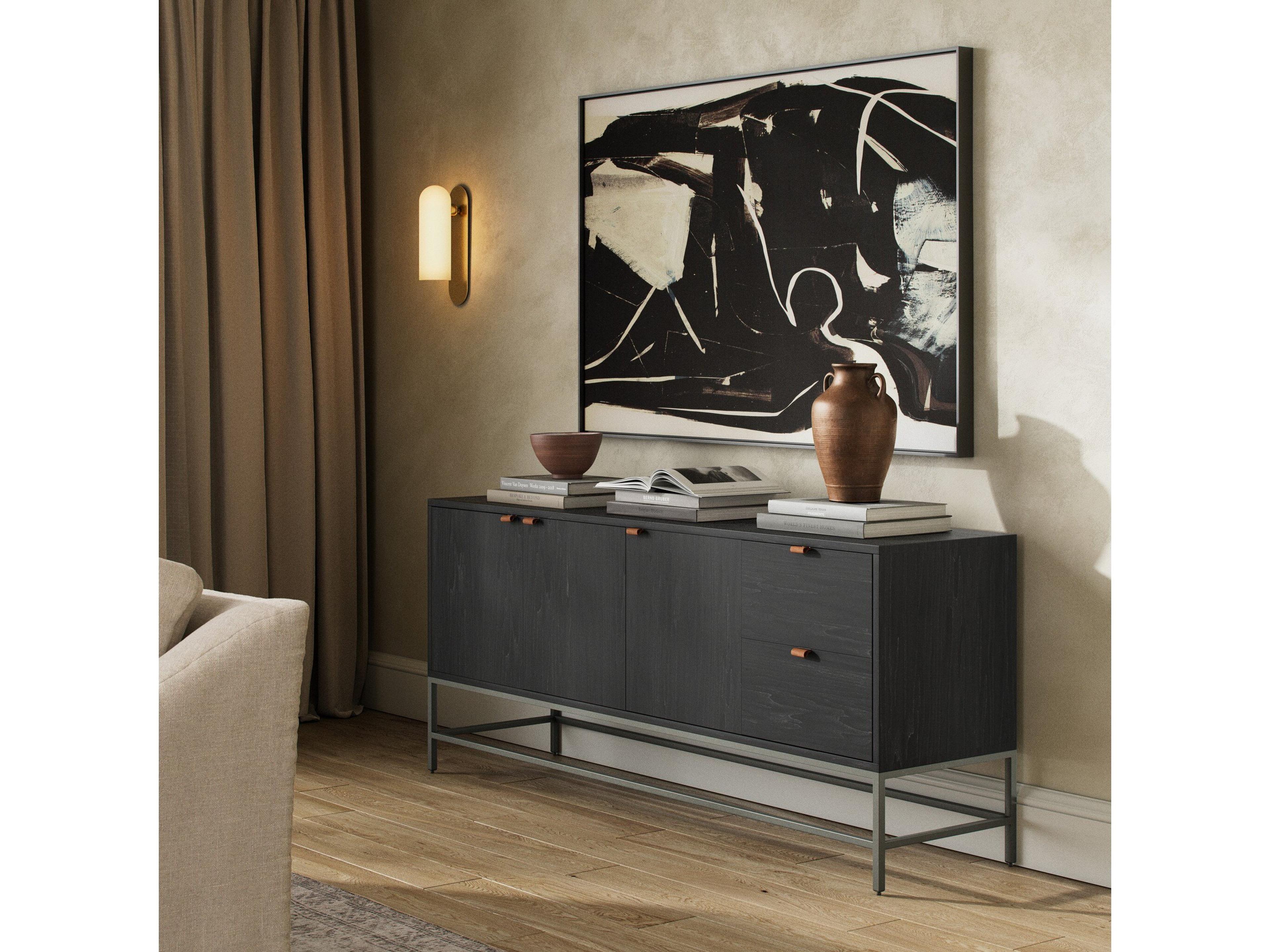 Four Hands Fulton Trey 72" Solid Wood Natural Iron Black Wash Poplar Toffee Leather Sideboard