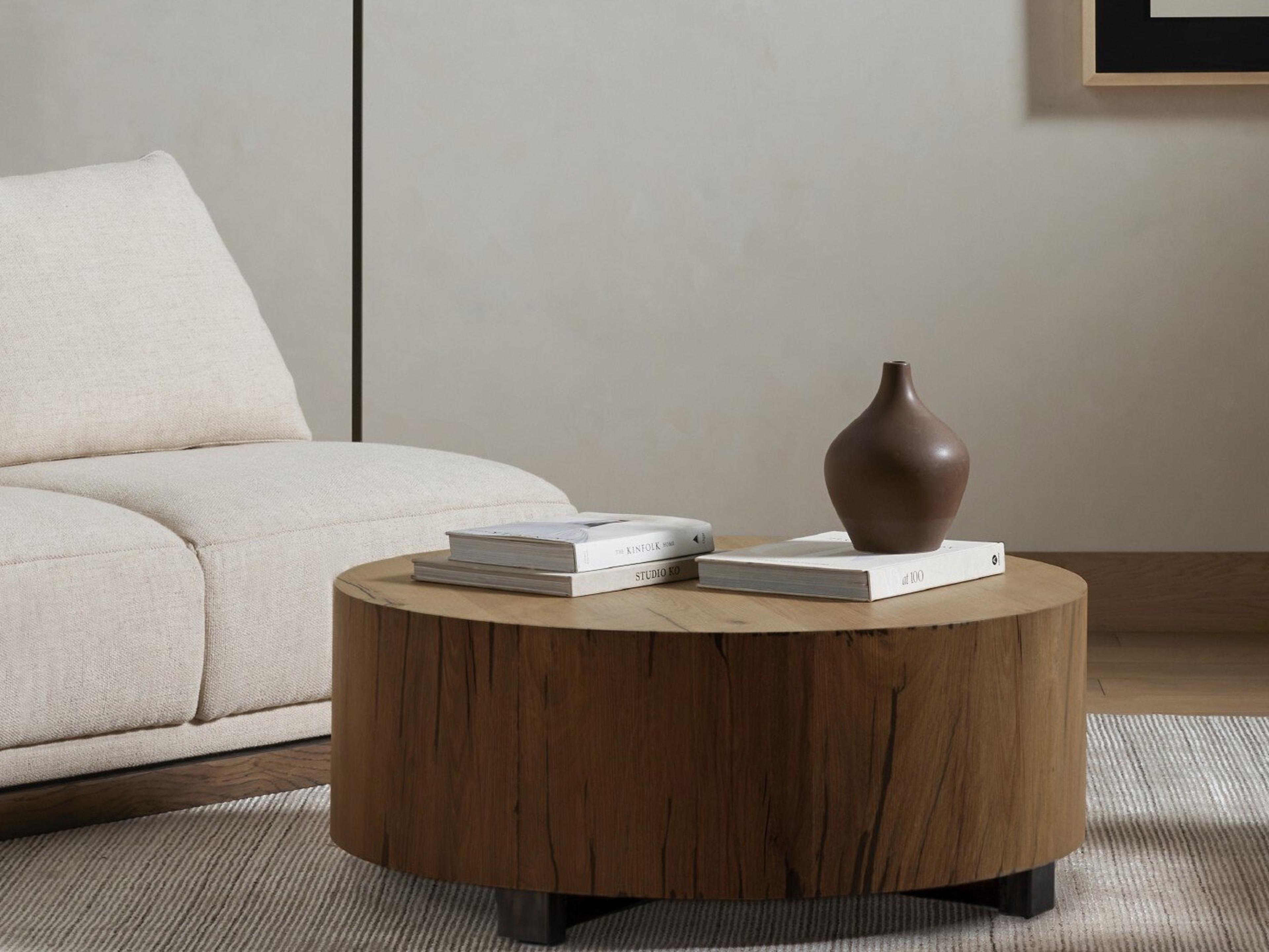 Four Hands Wesson Hudson Round Wood Natural Yukas Resin Bronzed Iron Coffee Table