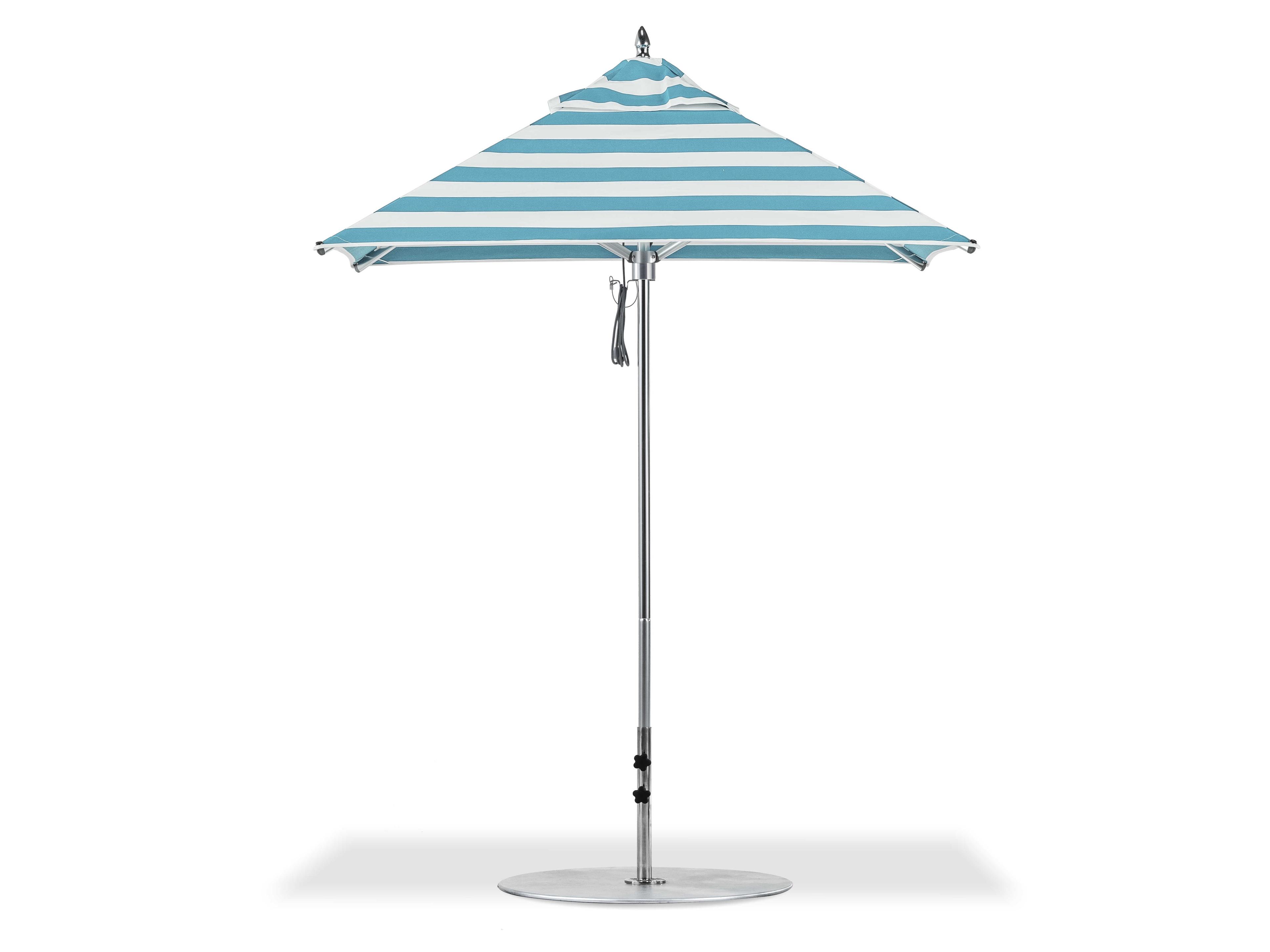 Frankford Greenwich Market Aluminum Silver Anodized 6.5 Foot Square Pulley Lift Outdoor Patio Umbrella - Special Order Striped Fabric