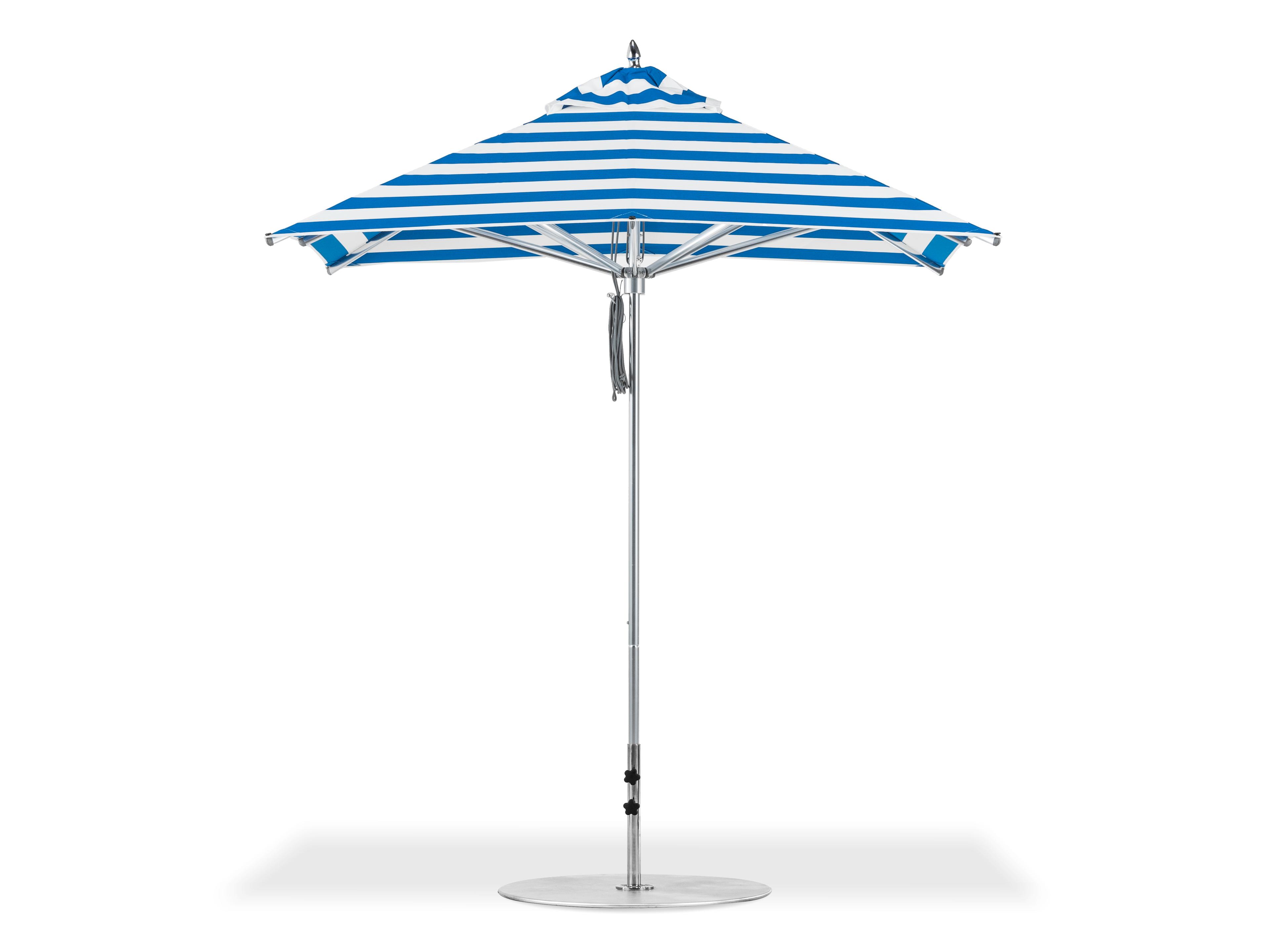 Frankford Greenwich Market Silver Anodized Aluminum 7.5 Foot Square Pulley Lift Outdoor Patio Umbrella - Special Order Striped Fabric