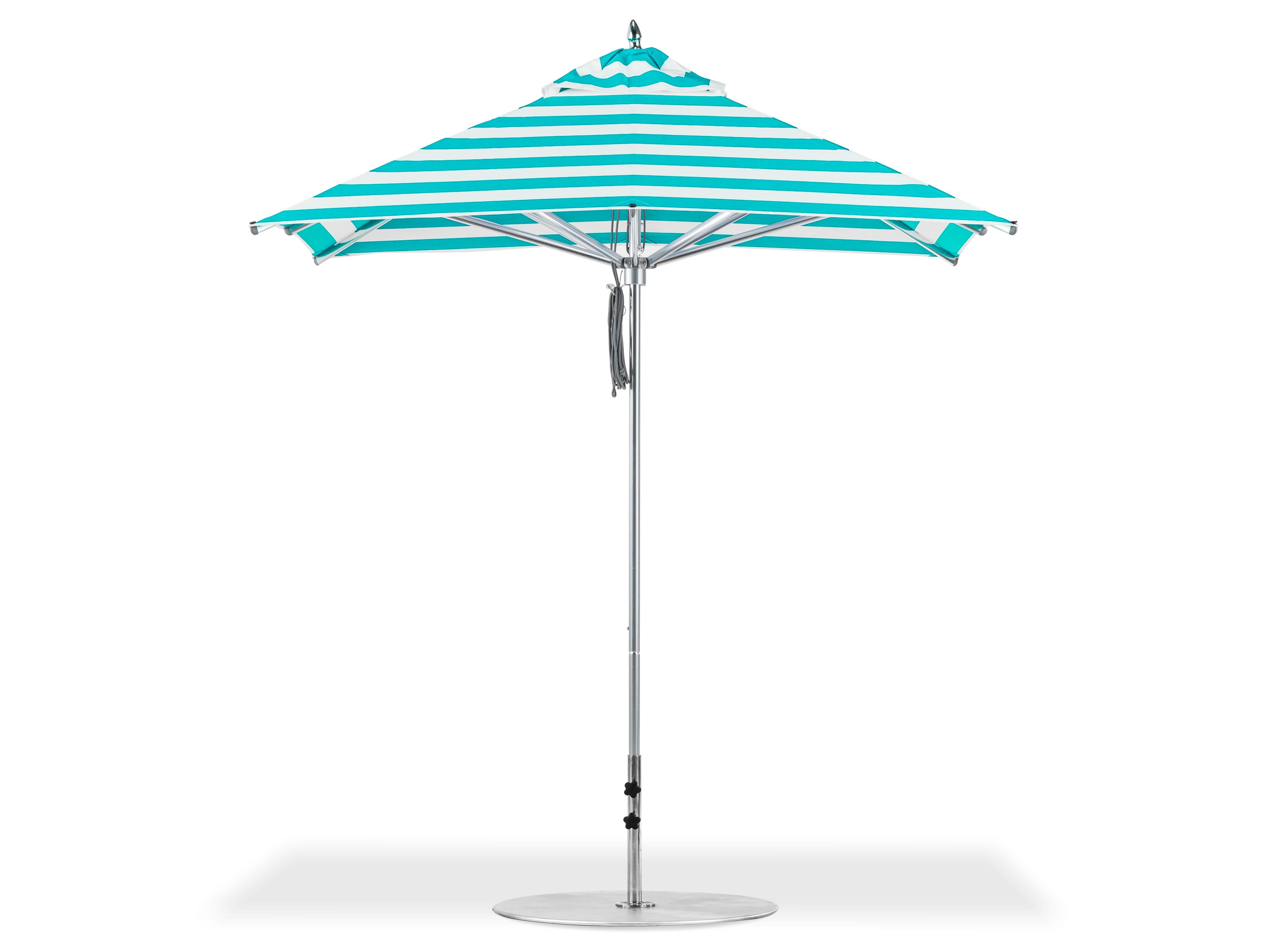 Frankford Greenwich Market Silver Anodized Aluminum 7.5 Foot Square Pulley Lift Outdoor Patio Umbrella - Special Order Striped Fabric